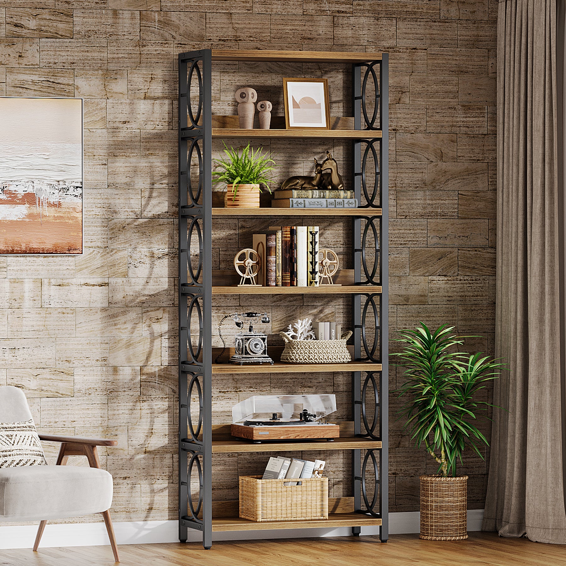 180 cm Boekenkast met 6 Niveaus, Industrieel Vrijstaand Displayrek met Metalen Frame