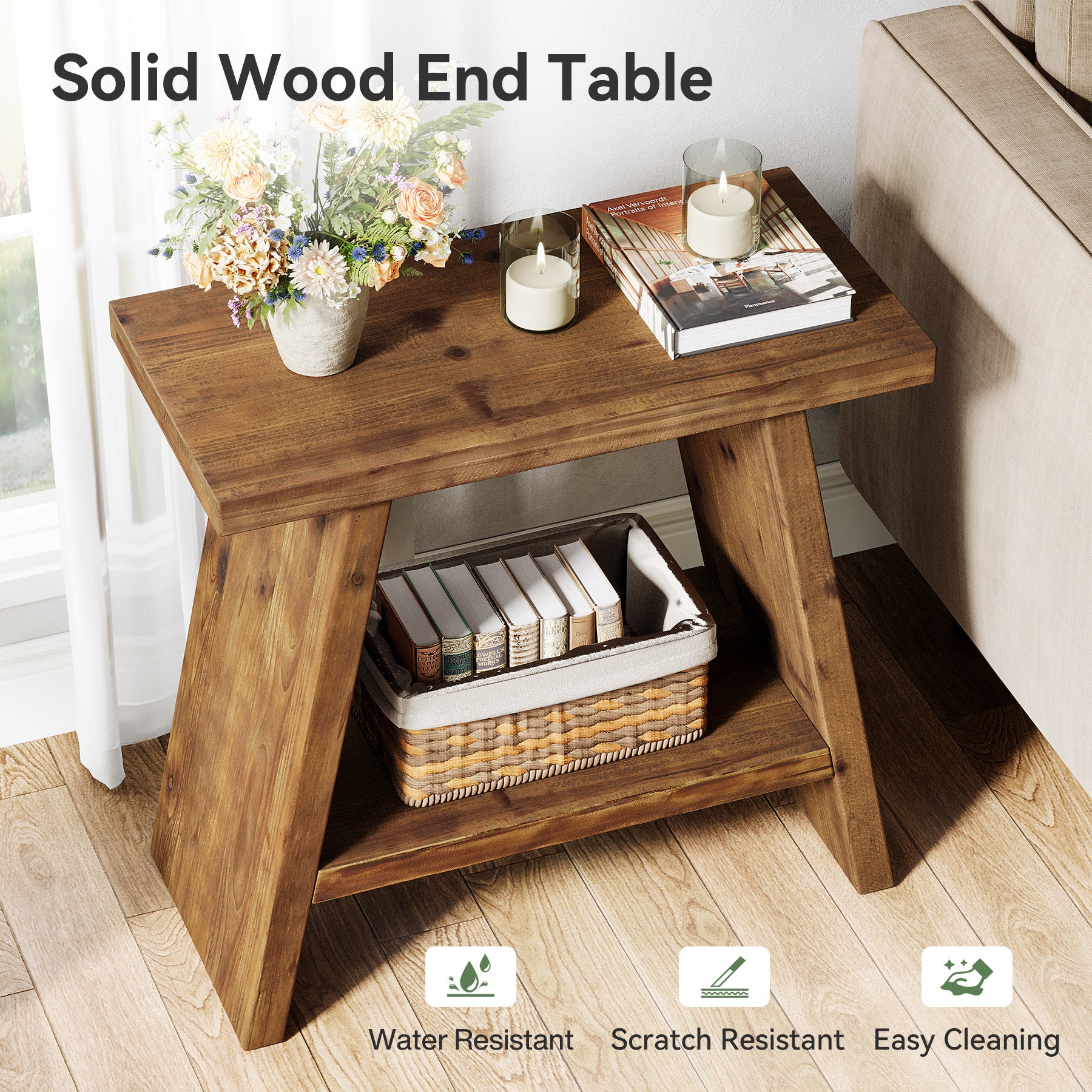 60 x 30 cm Smalle bijzettafel van massief hout met 2-laagse opbergruimte, landelijk nachtkastje voor woonkamer en slaapkamer
