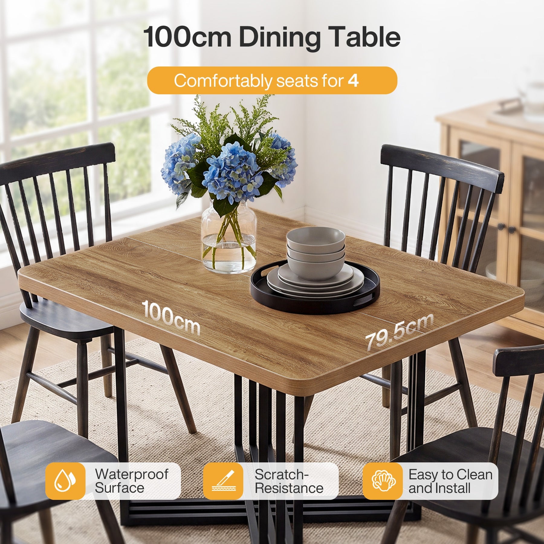 Eettafel 100 cm voor 4 personen, rechthoekige eettafel in industriële landelijke stijl met metalen frame