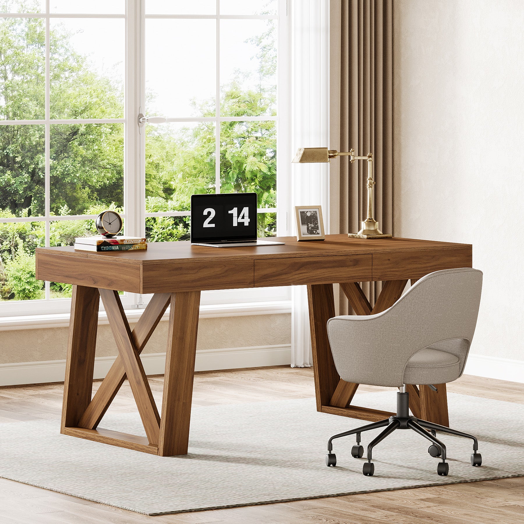 140 cm Bredere Bureau, Retro Houten Bureau met Laden voor Thuiswerk en Kantoor