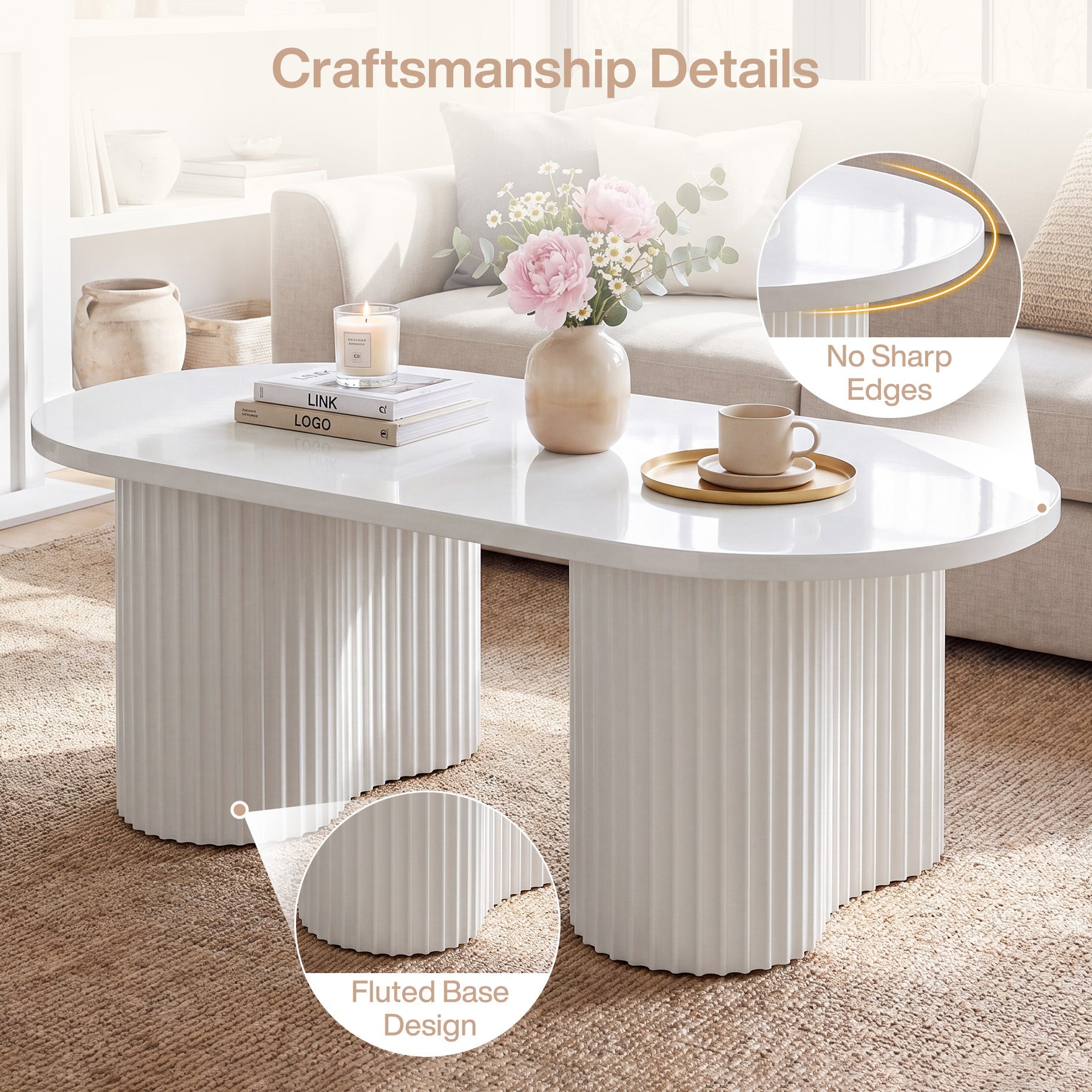 Tribesigns 120 cm ovale salontafel, moderne woonkamertafel met geribd oppervlak in minimalistisch design