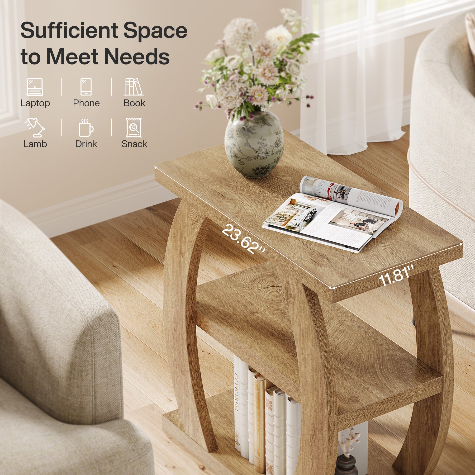 80 cm Hoge Bijzettafel voor Woonkamer, 3-Tier Smalle Tafel met Opbergruimte