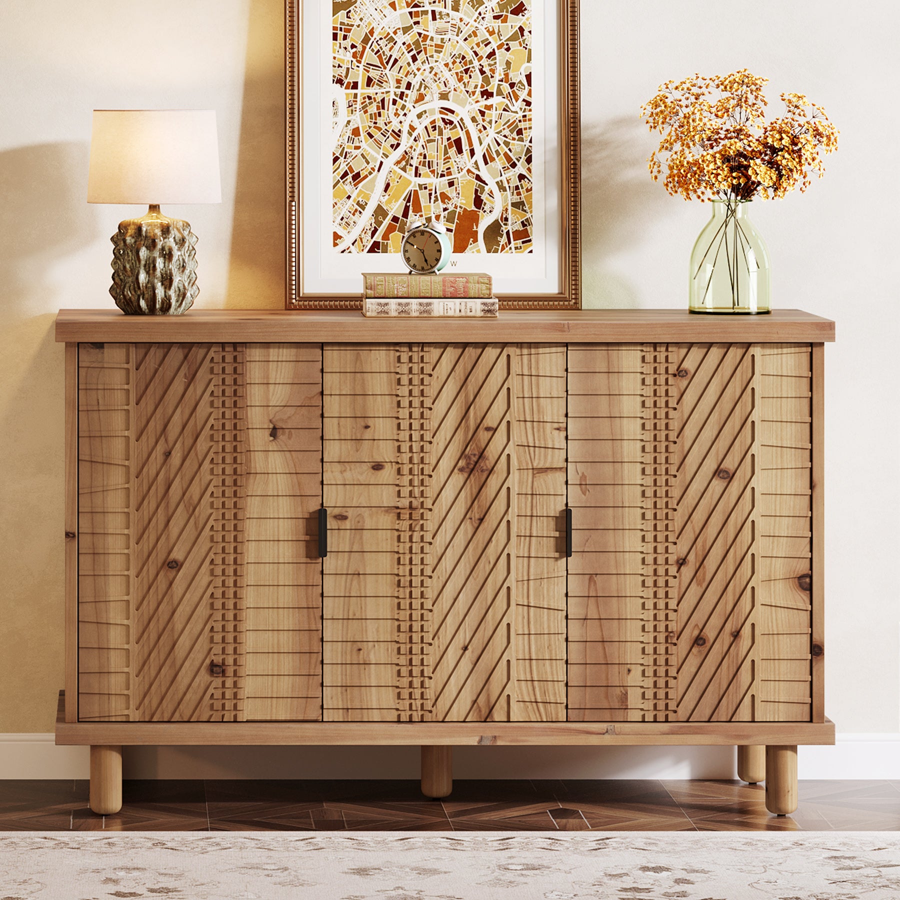 121 x 40 x 80 cm Tribesigns massief houten dressoir met 3 deuren en verstelbare planken, landelijke buffetkast voor keuken eetkamer en entree