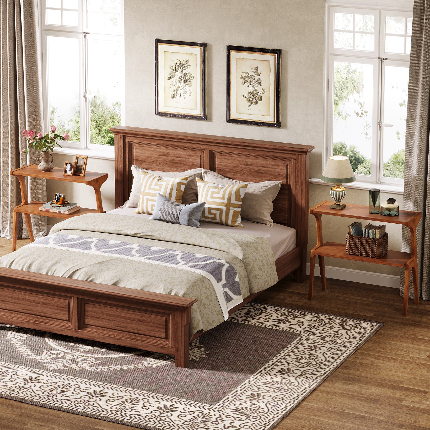 70 cm Tribesigns Bijzettafel van Massief Hout, Smalle 2-Laagse Tafel met Legplanken