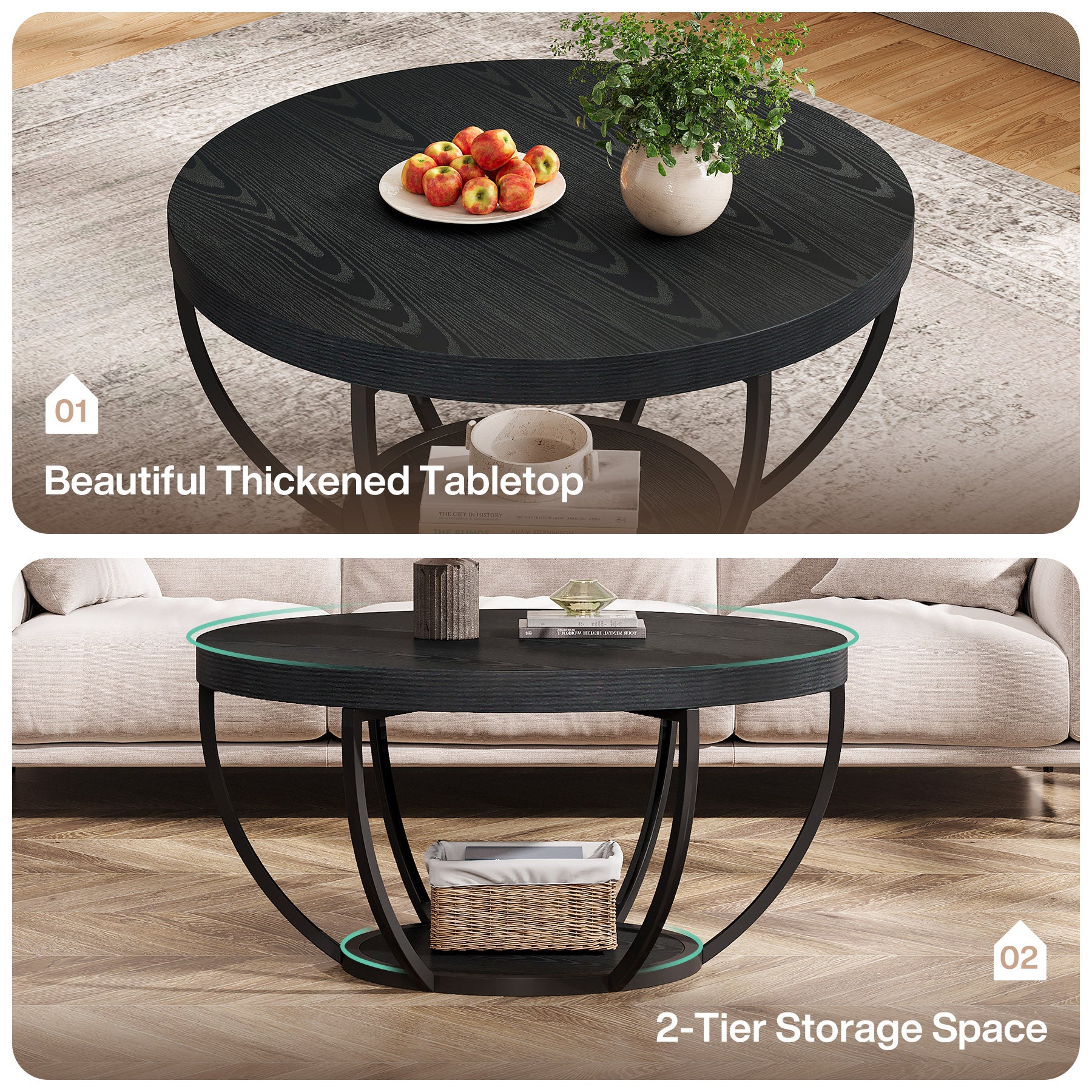 80,5 cm Ronde Industriële Salontafel, Tweelaags Middentafel in Rustiek Bruin en Zwart