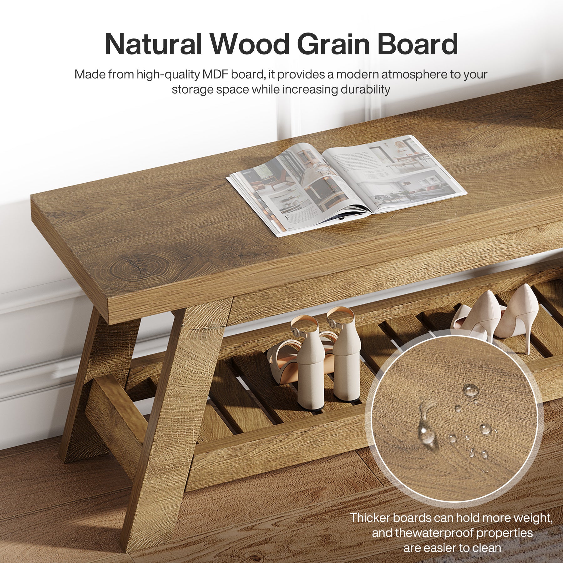 140 cm Houten Bank voor Entree, 2-Laagse Smalle Opbergbank met Open Planken voor Hal