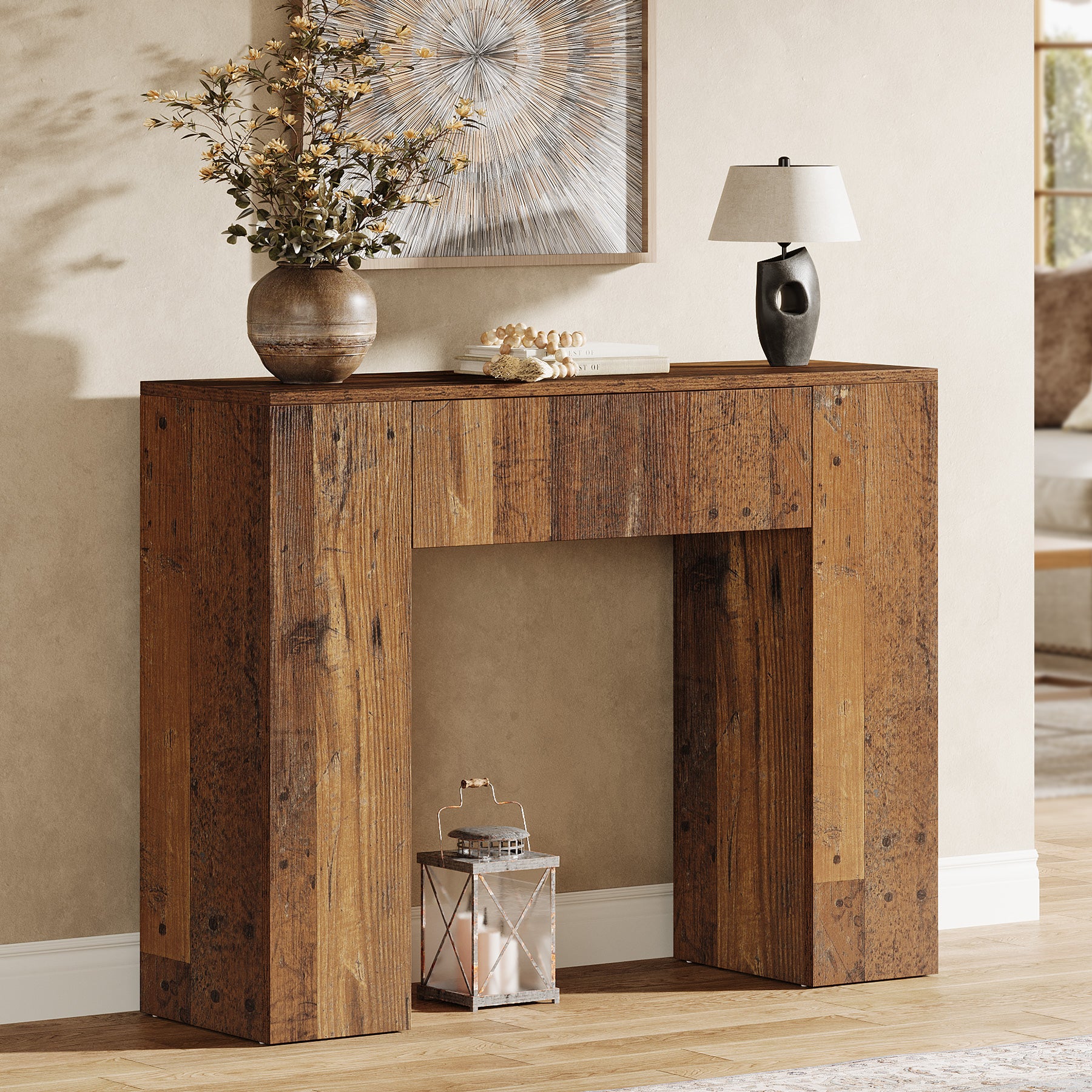 Tribesigns Consoletafel van 100 cm met Lades voor Kleine Ruimtes, Smalle Donkerbruine Haltafel voor Woonkamer en Entree