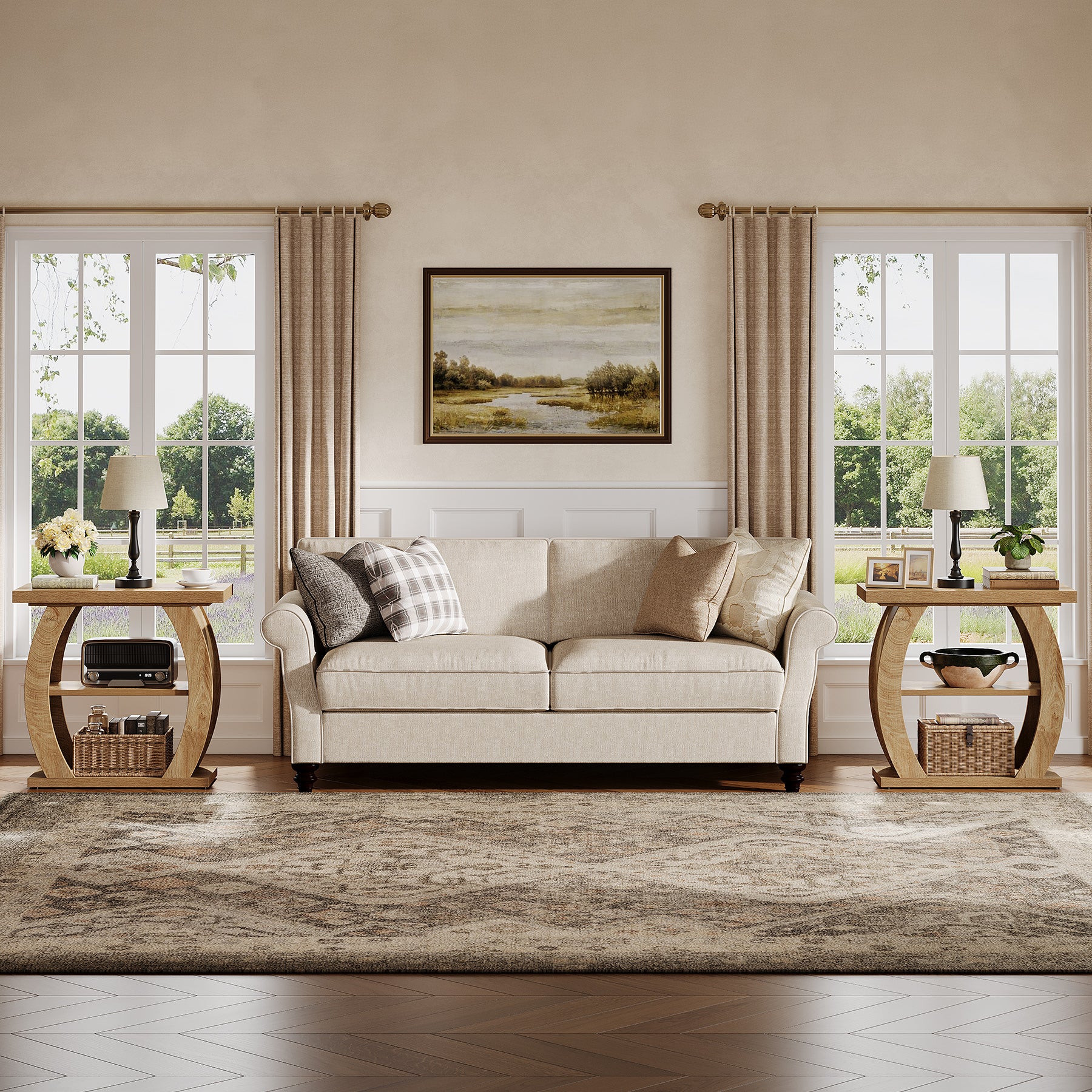 65 cm Smalle Bijzettafel met 3 Lagen Opslag, Landelijke Nachtkast met Gebogen Frame voor Woonkamer Slaapkamer