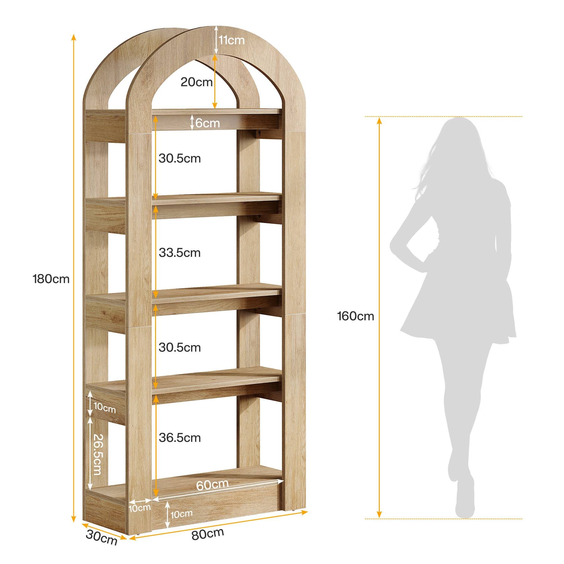 180 cm Hoge Boekenkast, Vijf Boogvormige Planken in Moderne Teak Kleur