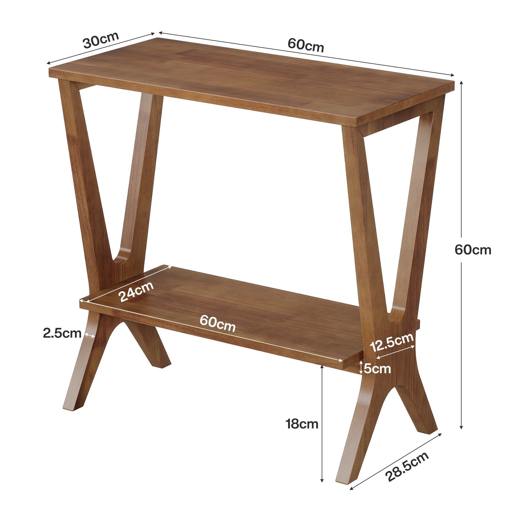 Tribesigns 60 cm bijzettafel van massief hout met 2 planken, smal nachtkastje voor woonkamer & slaapkamer
