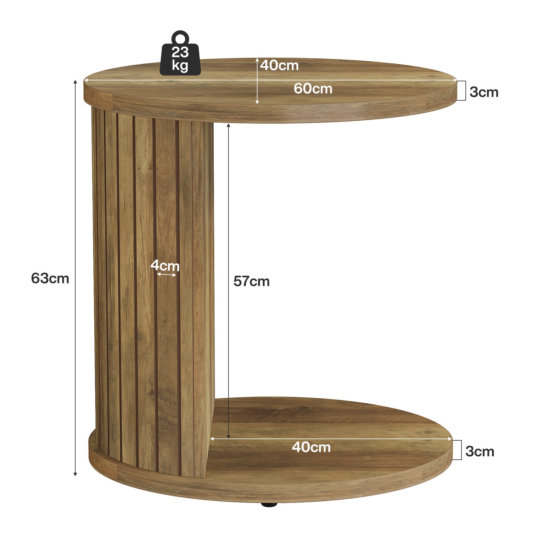 63 cm C-Vormige Bijzettafel, Ovale Nachtkast met Twee Opbergplanken voor Bank en Bed