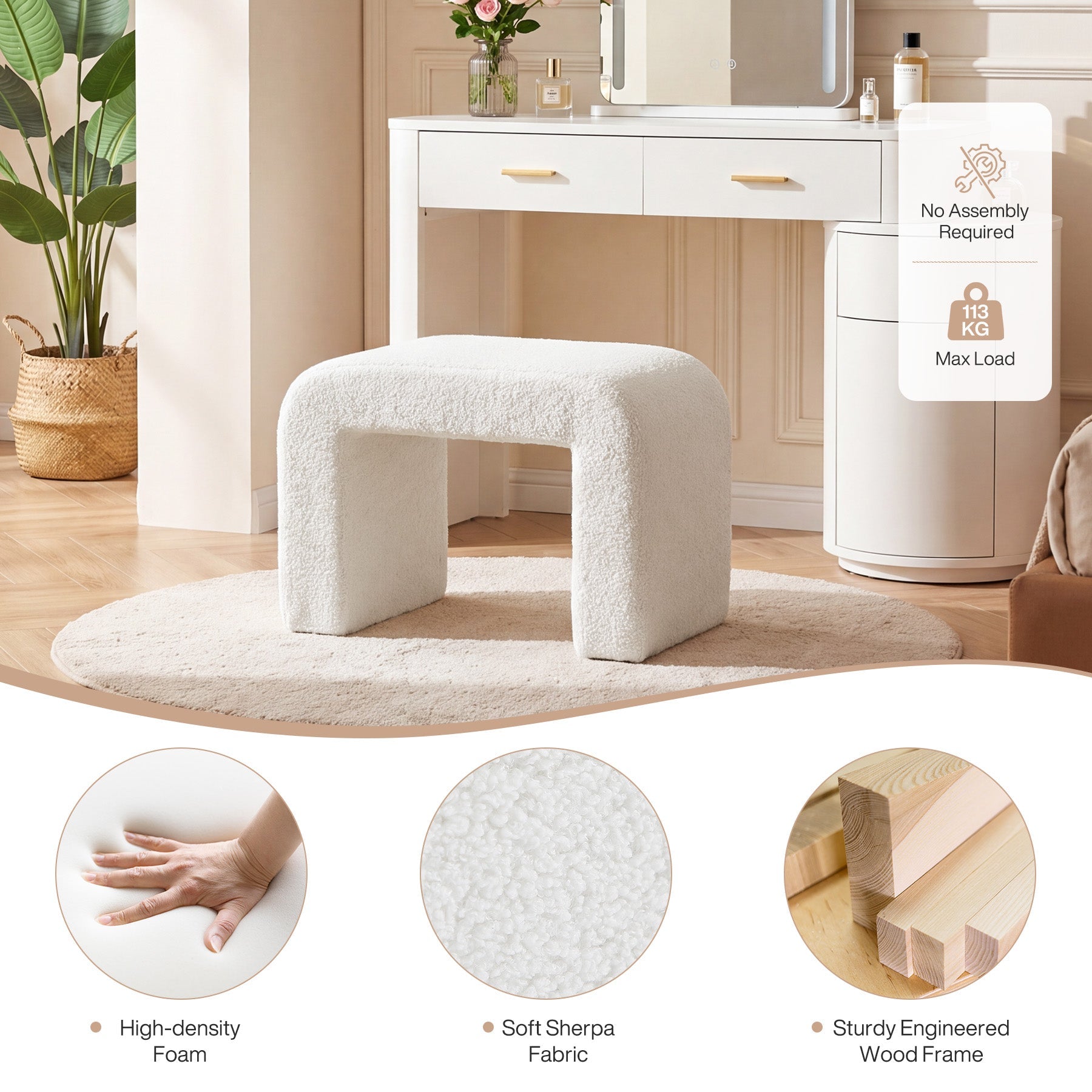 Tribesigns Polsterkruk Sherpa, Moderne Make-up Kruk met Teddybekleding, Voetenbankje voor Woonkamer