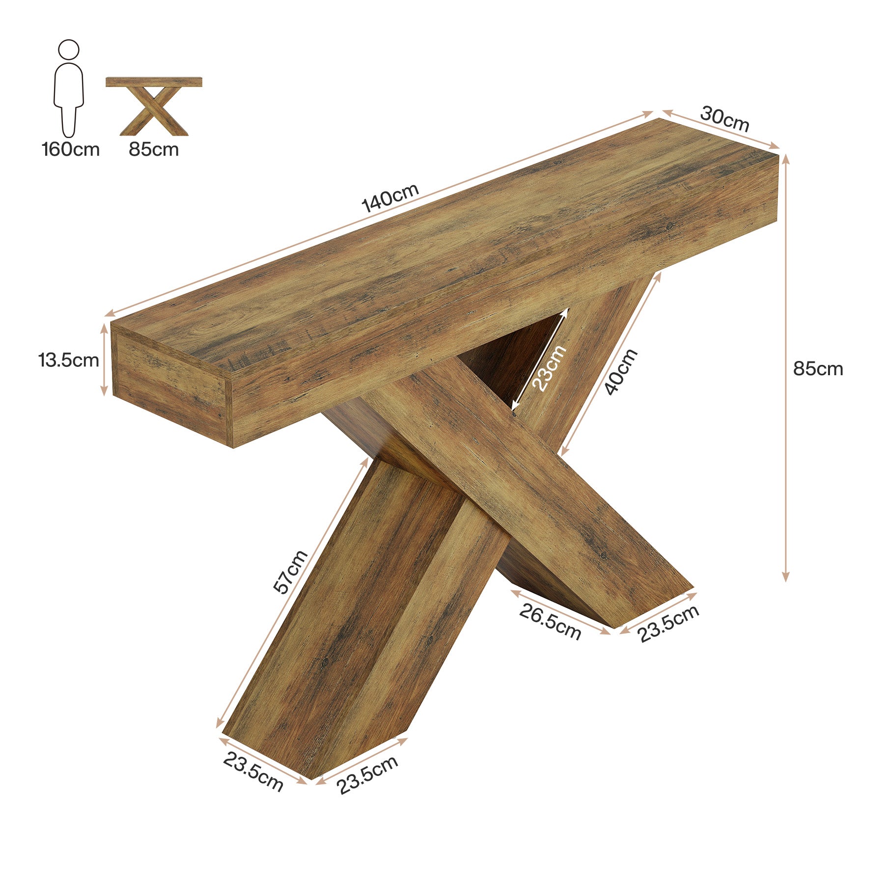 140 cm consoletafel, houten sidetable met uniek ontwerp voor hal of achter bank