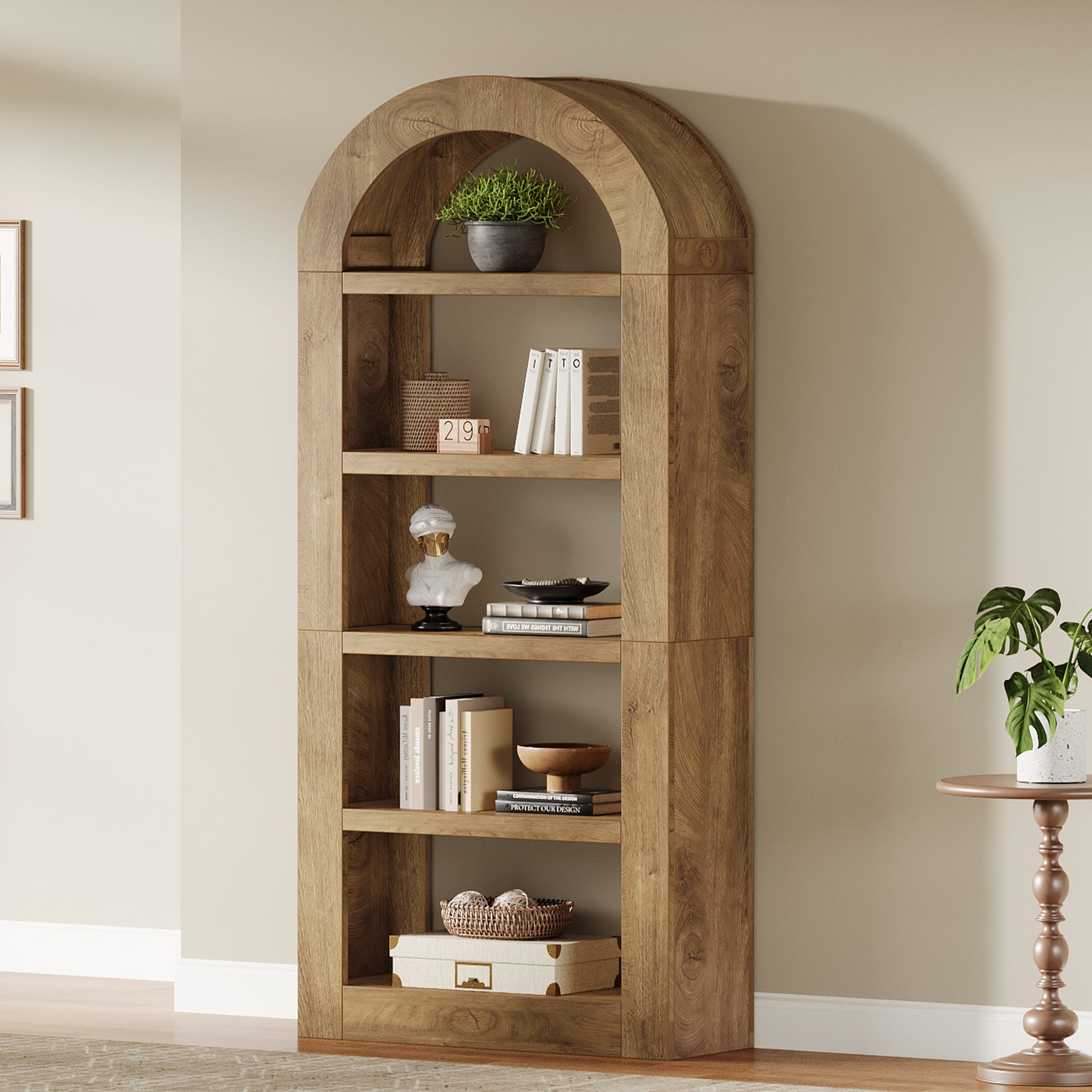 180 cm Boog Boekenkast met 5 Niveaus en Opbergruimte, Houten Open Kast voor Woonkamer en Kantoor