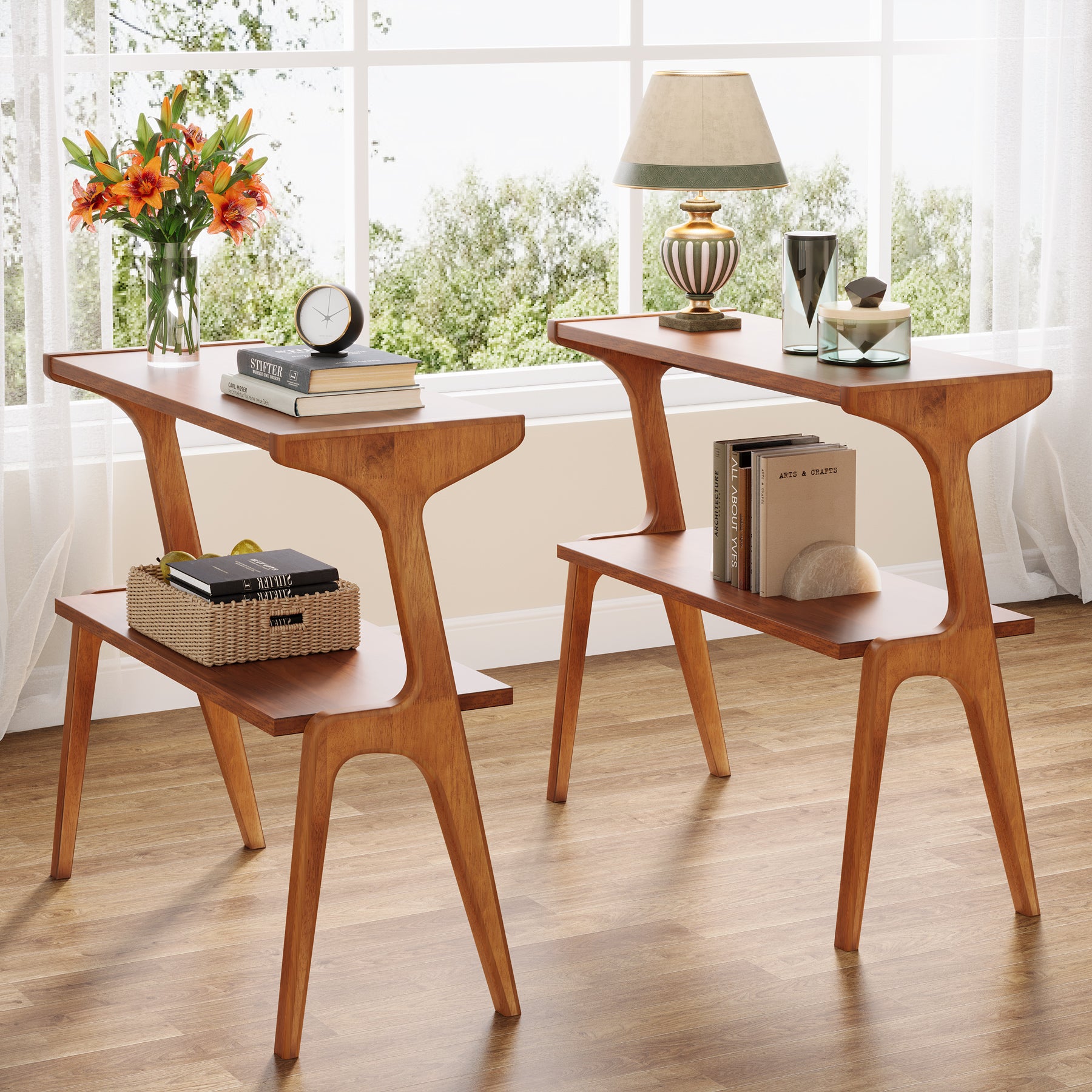 70 cm Tribesigns Bijzettafel van Massief Hout, Smalle 2-Laagse Tafel met Legplanken