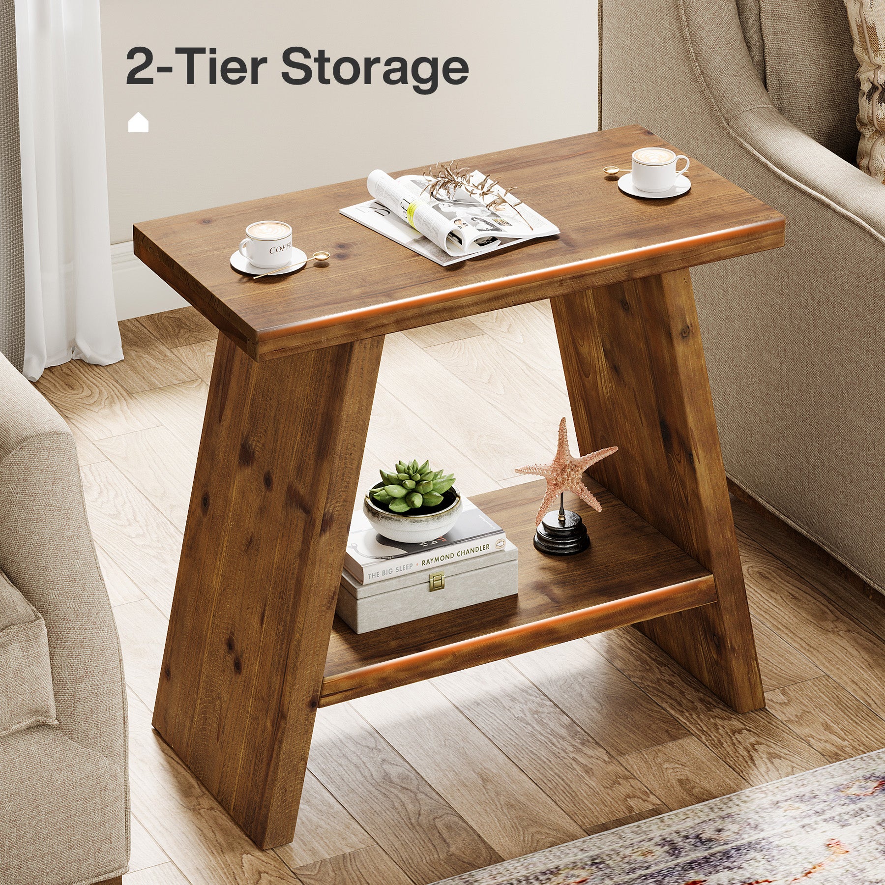 60 x 30 cm Smalle bijzettafel van massief hout met 2-laagse opbergruimte, landelijk nachtkastje voor woonkamer en slaapkamer