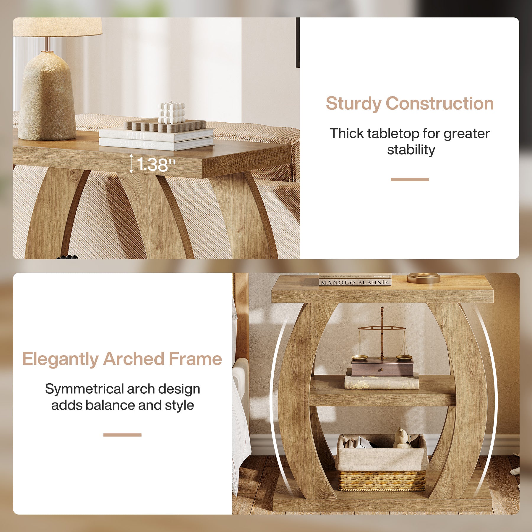 80 cm Hoge Bijzettafel voor Woonkamer, 3-Tier Smalle Tafel met Opbergruimte