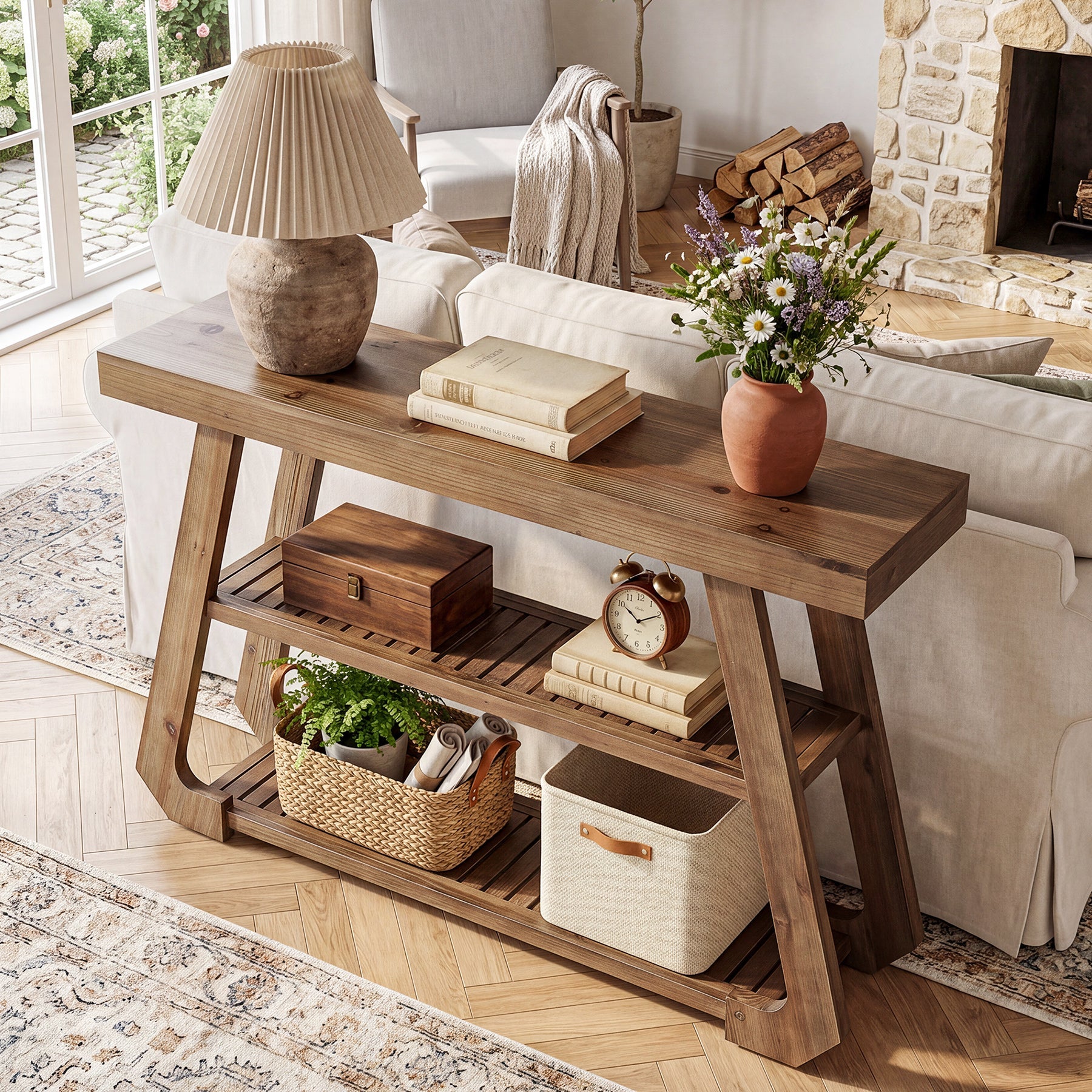 Tribesigns massief houten consoletafel van 105 cm met 3 legplanken, landelijke haltafel met A-frame