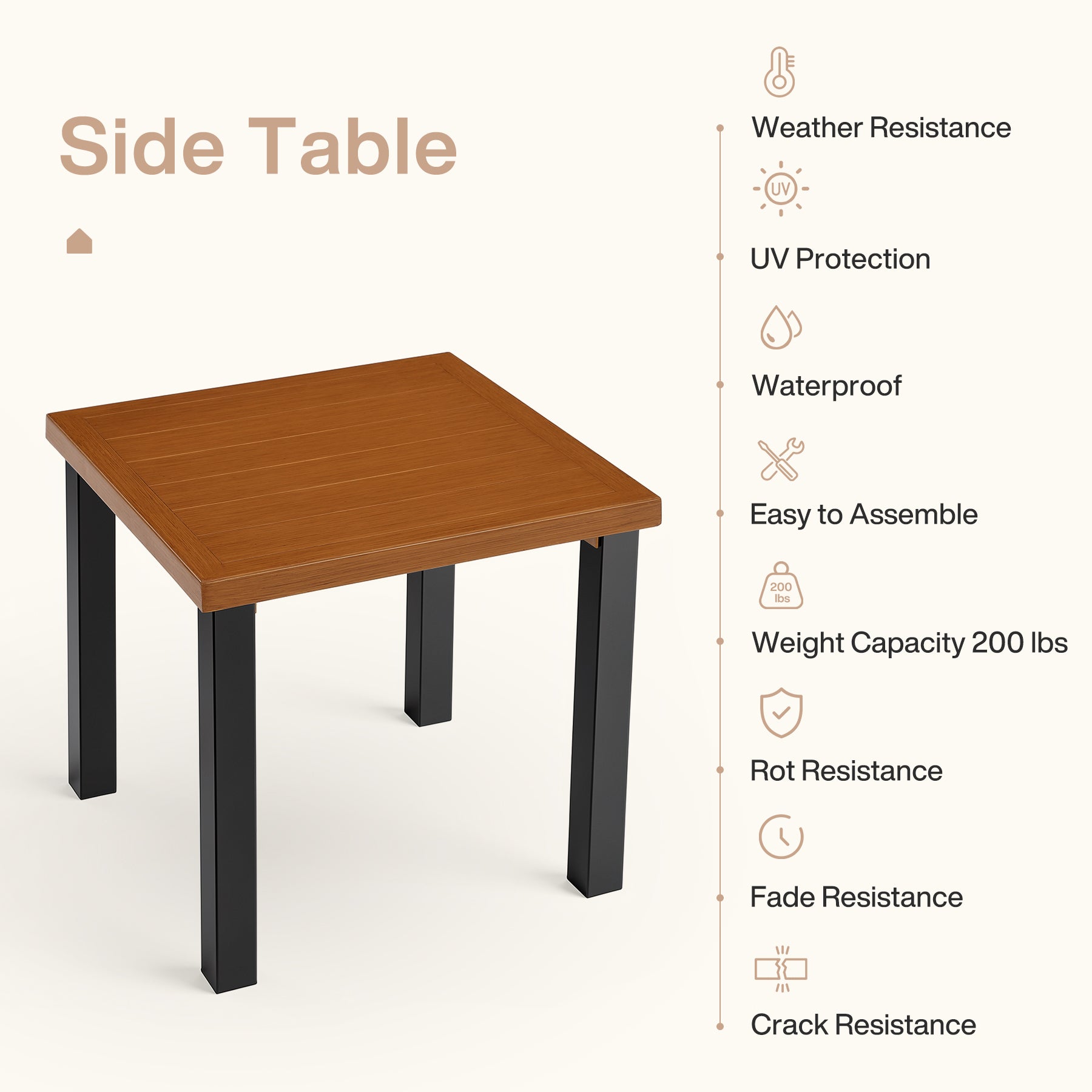 45 cm Buiten Bijzettafel in Houtlook, Weerbestendige Balkontafel voor Tuin Terras Woonruimte