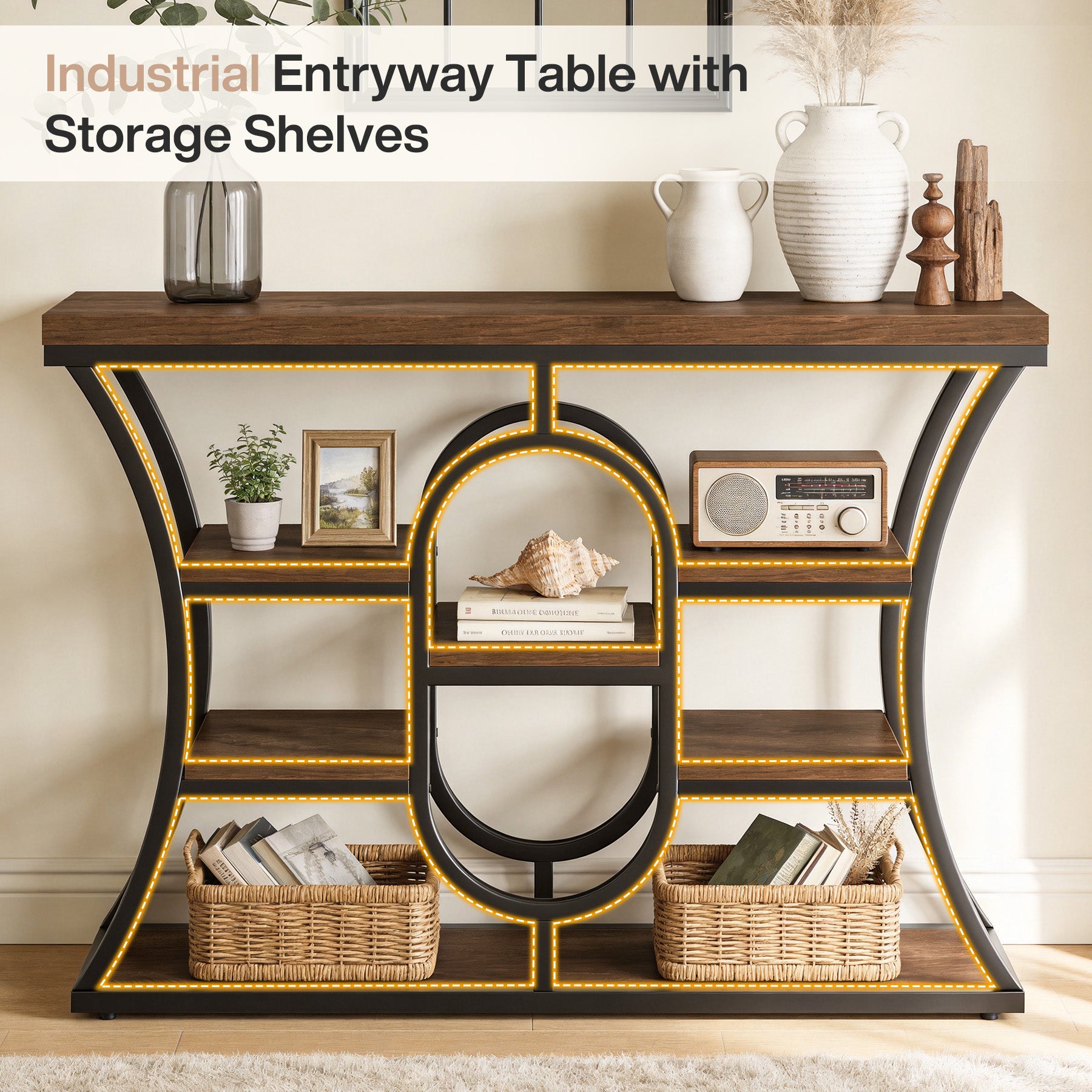 105 cm Smalle Consoletafel met Opbergrekken, Industriële Entreetafel voor Hal Woonkamer Achter Bank