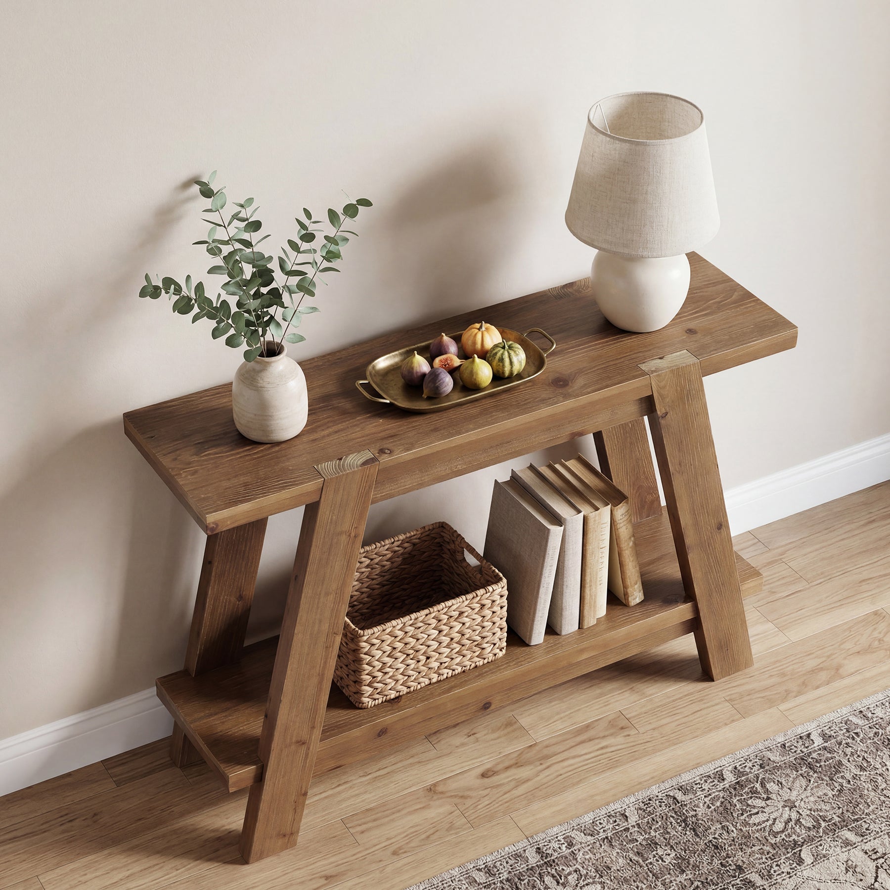 110 cm Massief Houten Consoletafel met 2 Planken, Smalle Haltafel in Landelijke Stijl Bruin