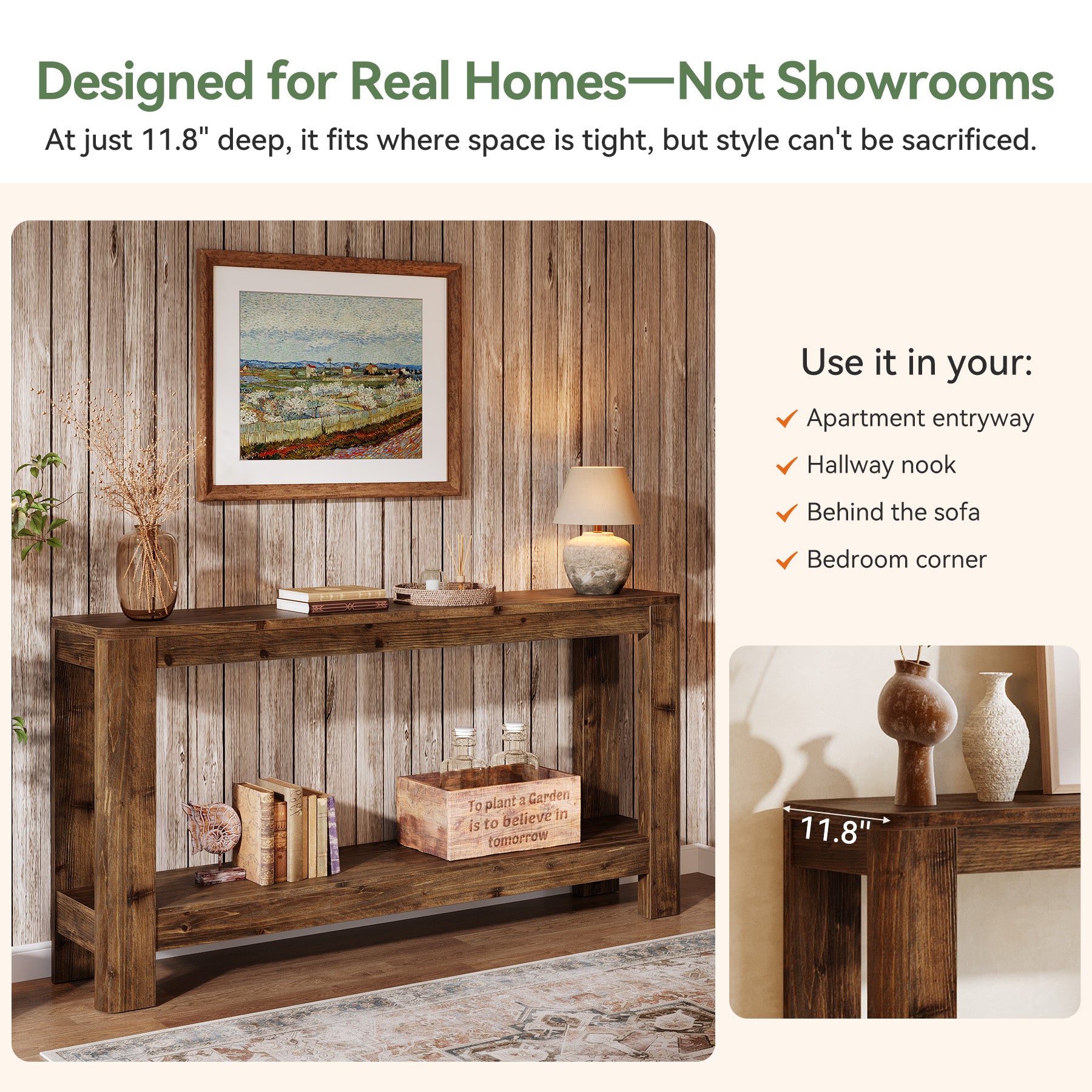 160 cm Massief Houten Consoletafel, Smalle Farmhouse Sidetable met Rek