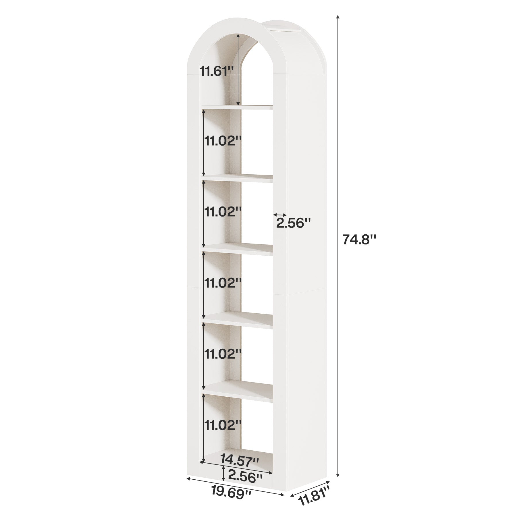 190 cm Boogvormige Boekenkast met 6 Niveaus, Smalle Open Boekenkast voor Display en Opbergen