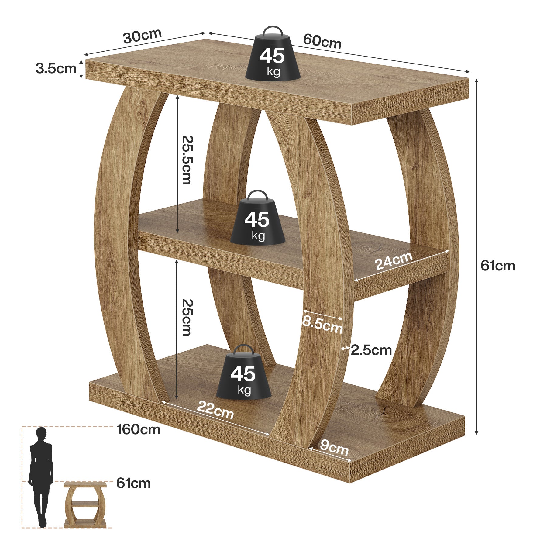 80 cm Hoge Bijzettafel voor Woonkamer, 3-Tier Smalle Tafel met Opbergruimte