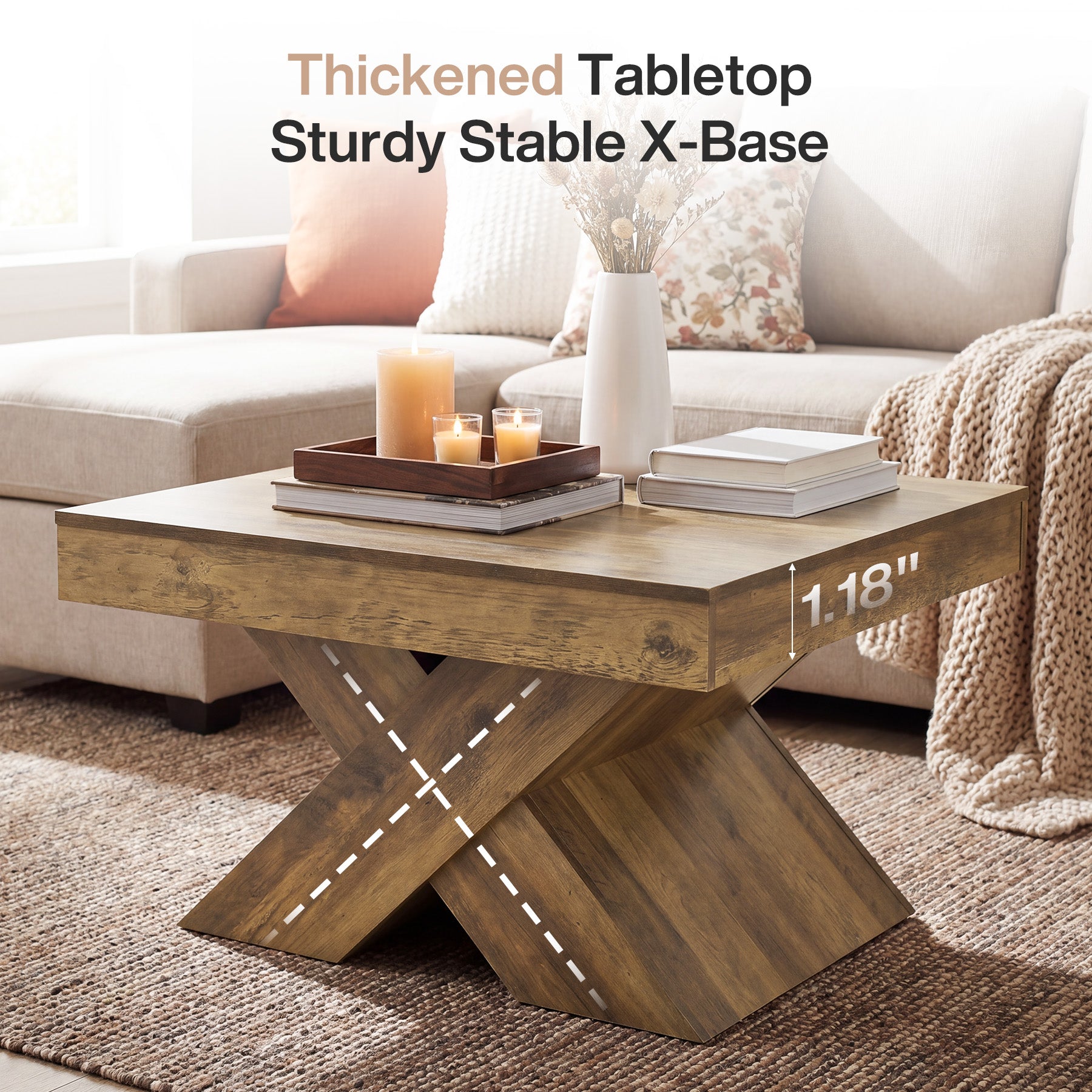 80 x 80 cm Tribesigns Vierkante Salontafel, Houten Farmhouse Tafel met X-Kruis Onderstel voor Woonkamer en Kleine Ruimtes