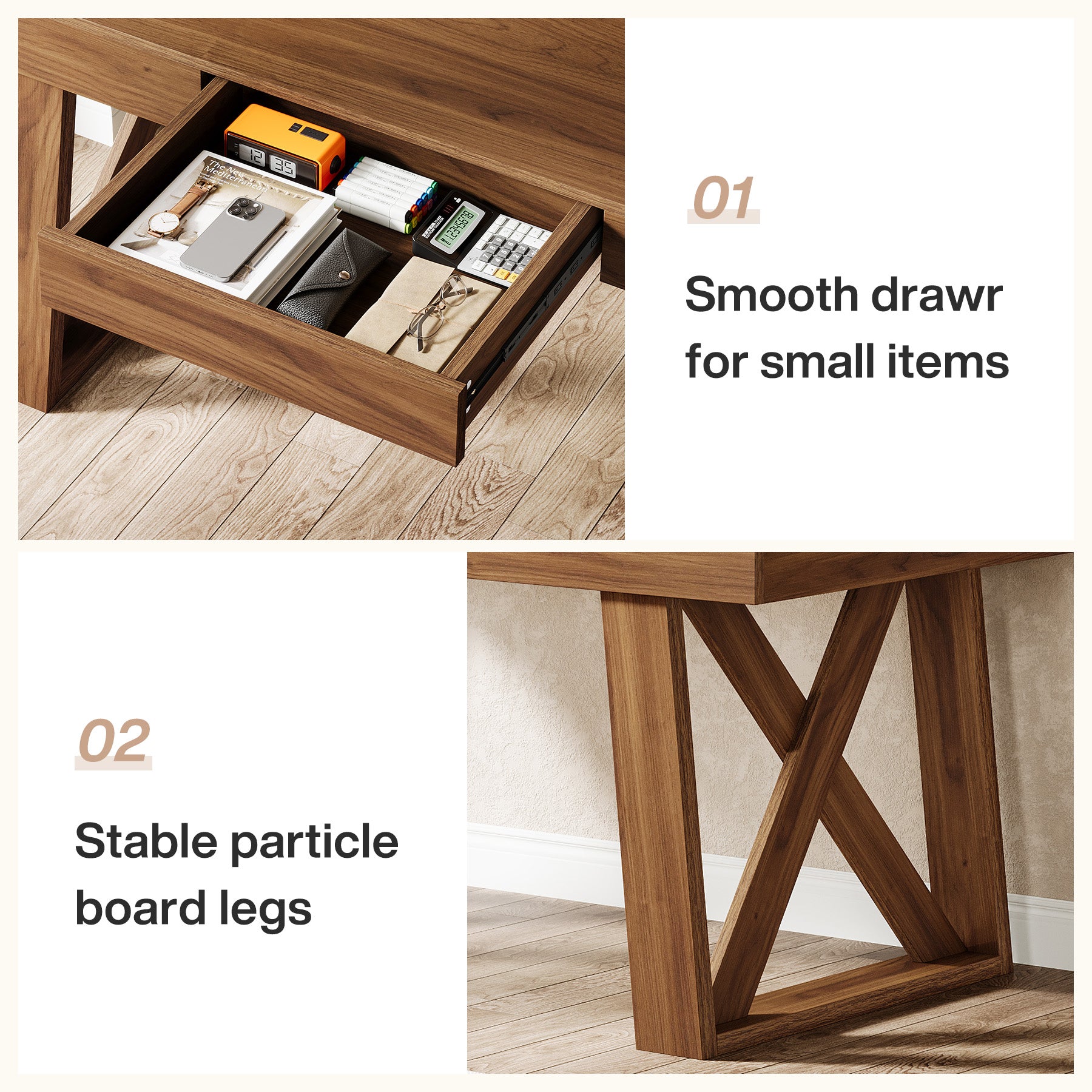 140 cm Bredere Bureau, Retro Houten Bureau met Laden voor Thuiswerk en Kantoor