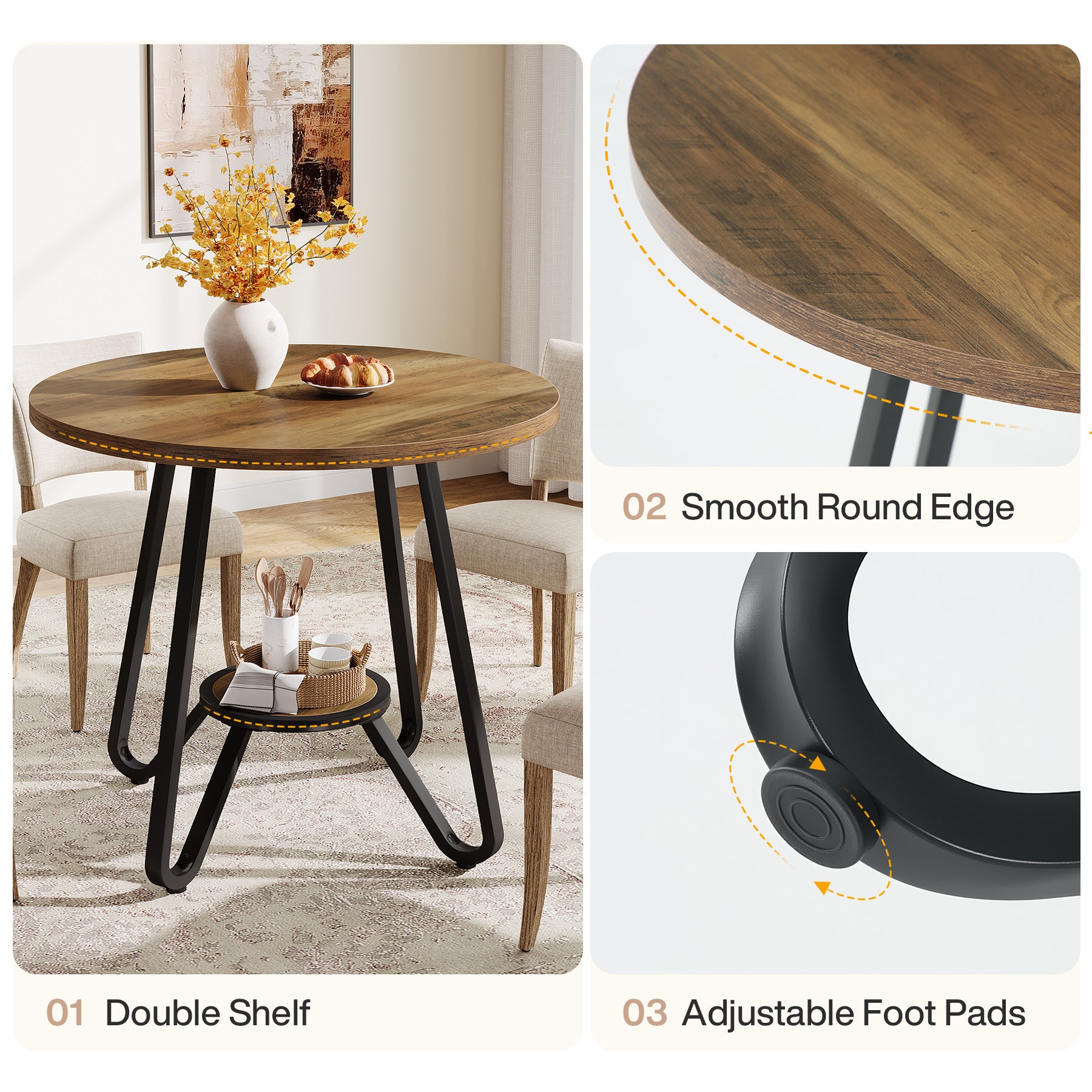 80 cm Ronde Eettafel met Dubbele Legplanken, Industriële Keukentafel voor 2 Personen