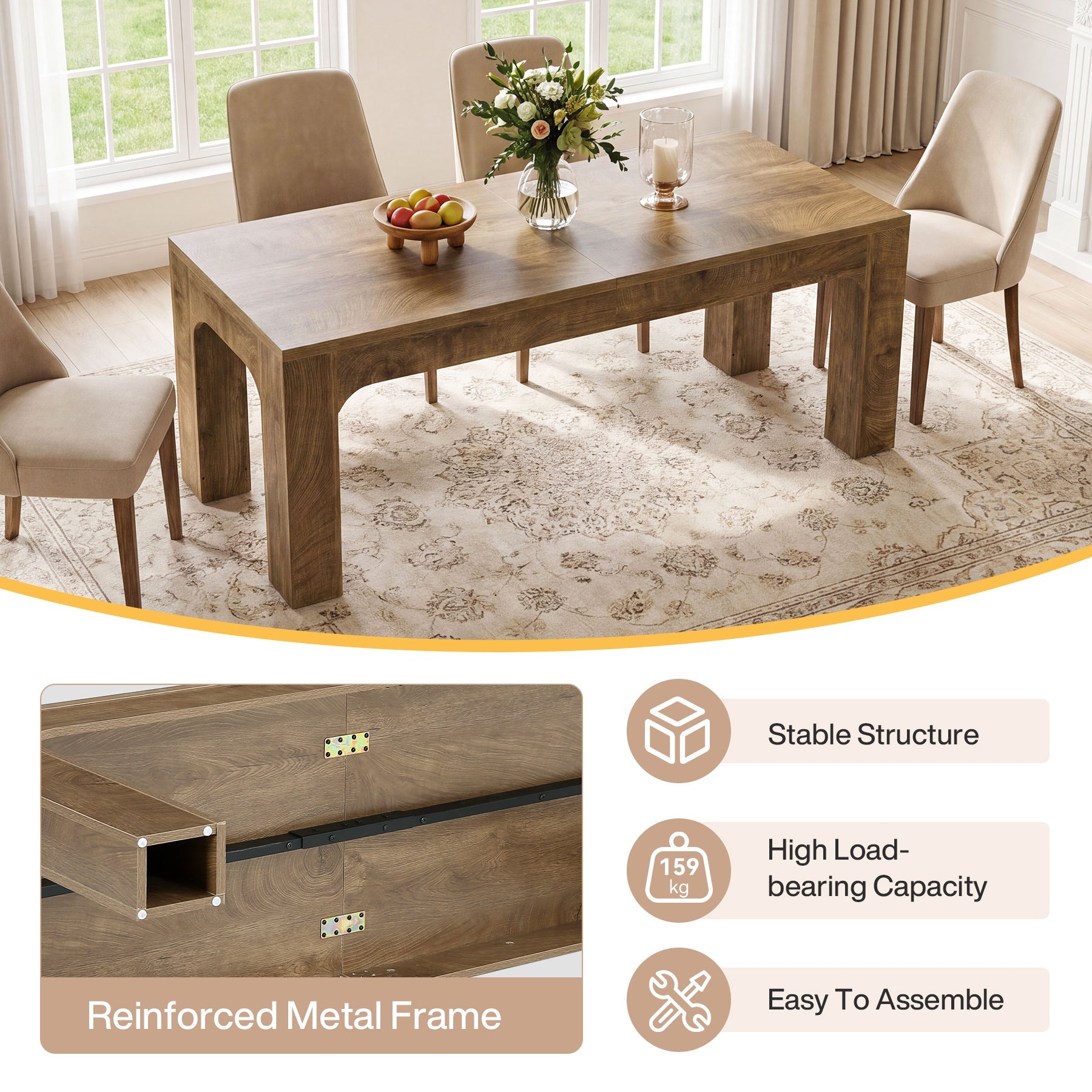 Eettafel van 180 cm voor 4–6 personen, rechthoekige eettafel in landelijke stijl met stevige poten