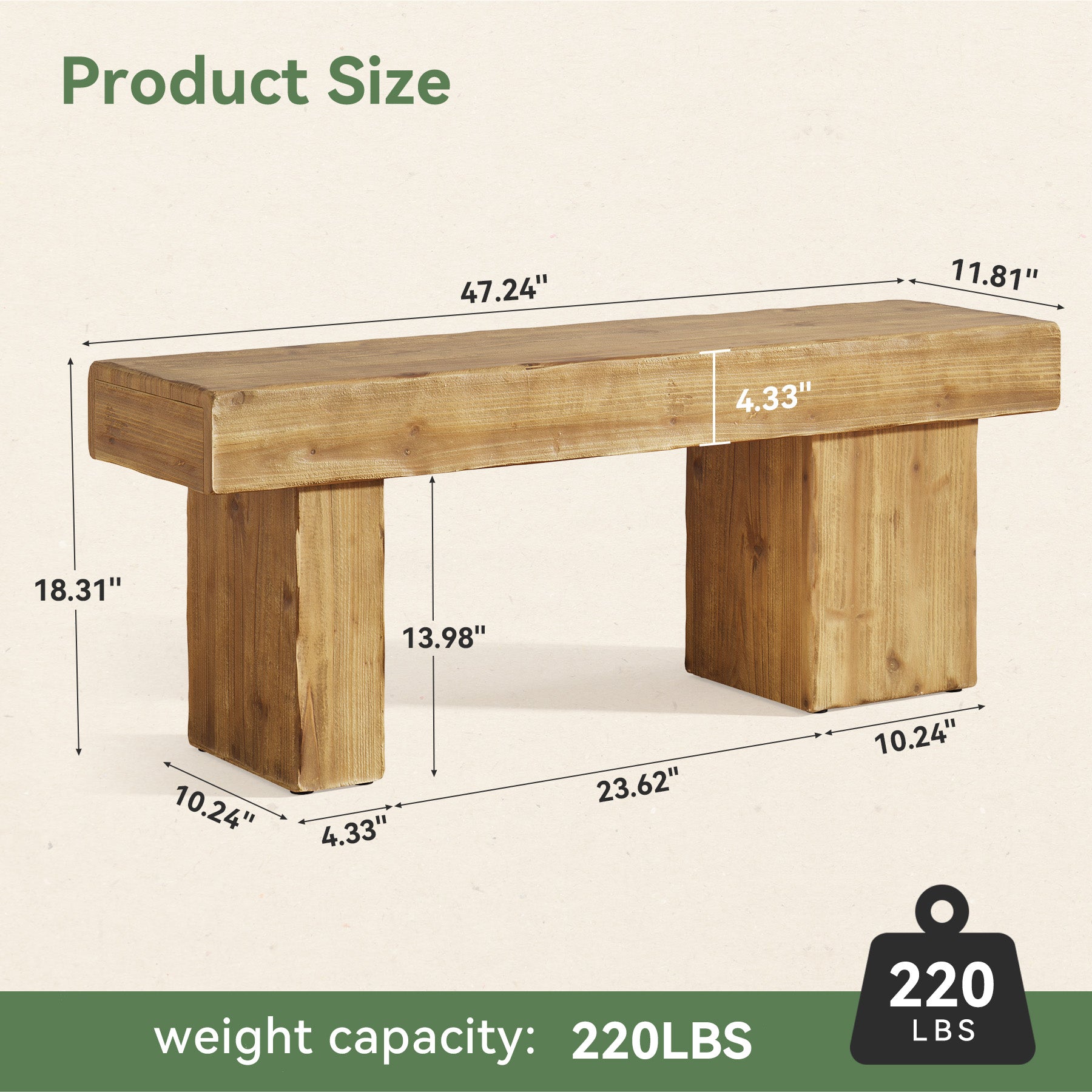 Tribesigns 119 cm massief houten halbank, farmhouse zitbank met dikke zitting