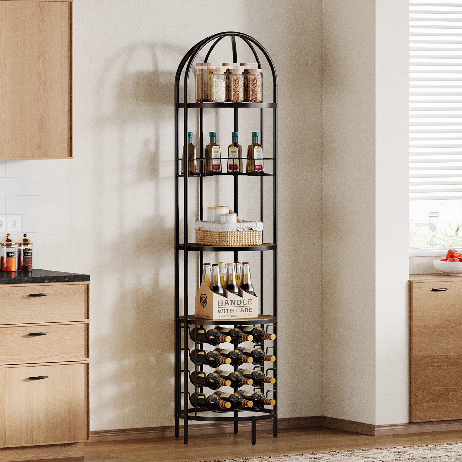 Hoog Wijnrek met 5 Planken en Flessenhouder, Industriële Loft-stijl in Metaal en Hout voor Kleine Ruimtes