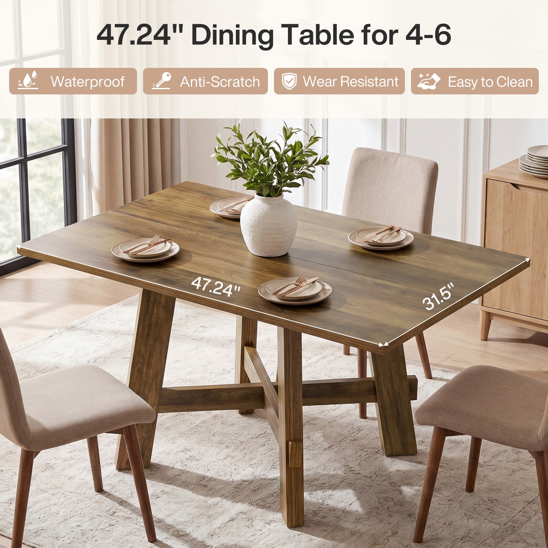 Tribesigns 140 cm landelijke eettafel voor 4 personen met kruissteun, houten keukentafel voor appartement en eetkamer