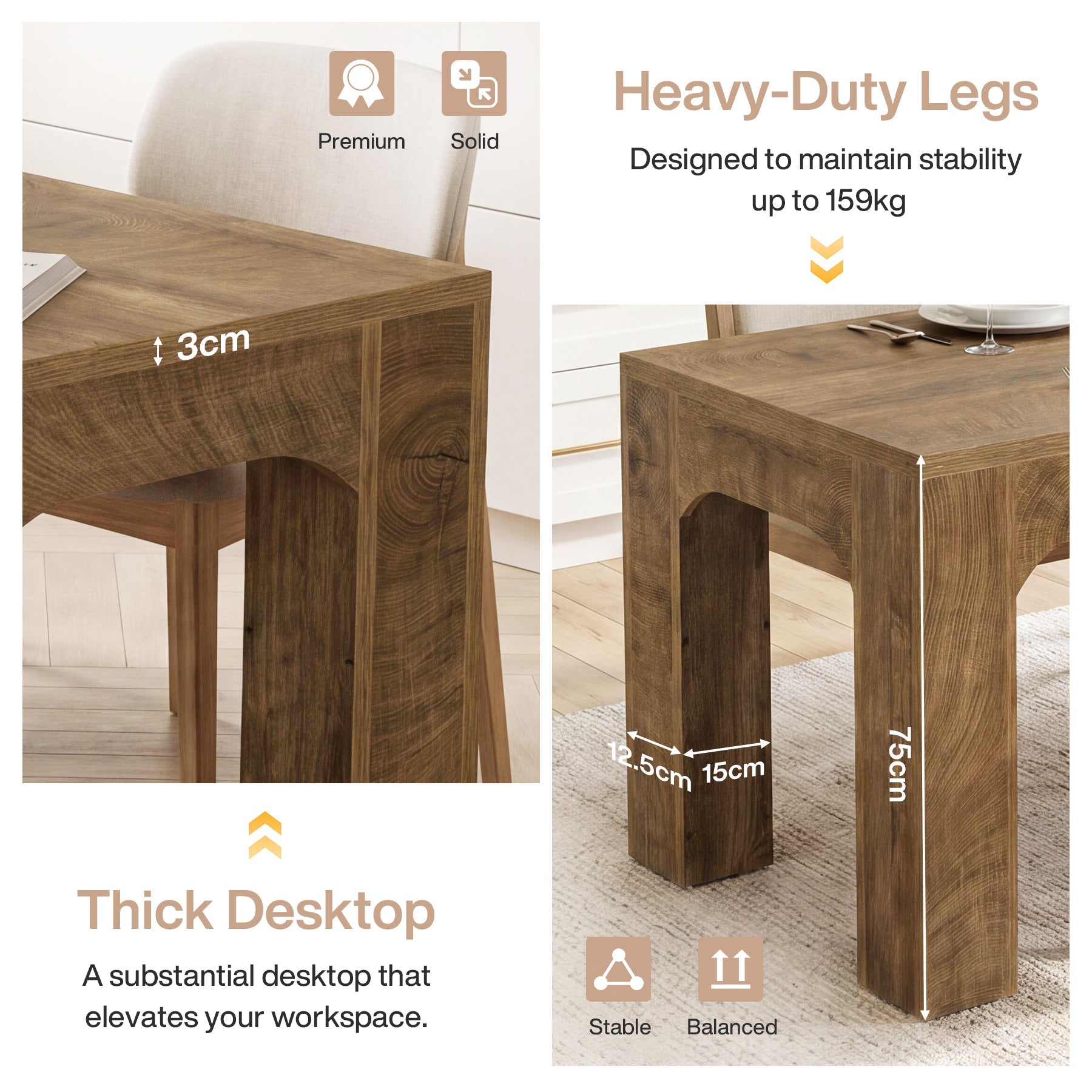 Eettafel van 180 cm voor 4–6 personen, rechthoekige eettafel in landelijke stijl met stevige poten