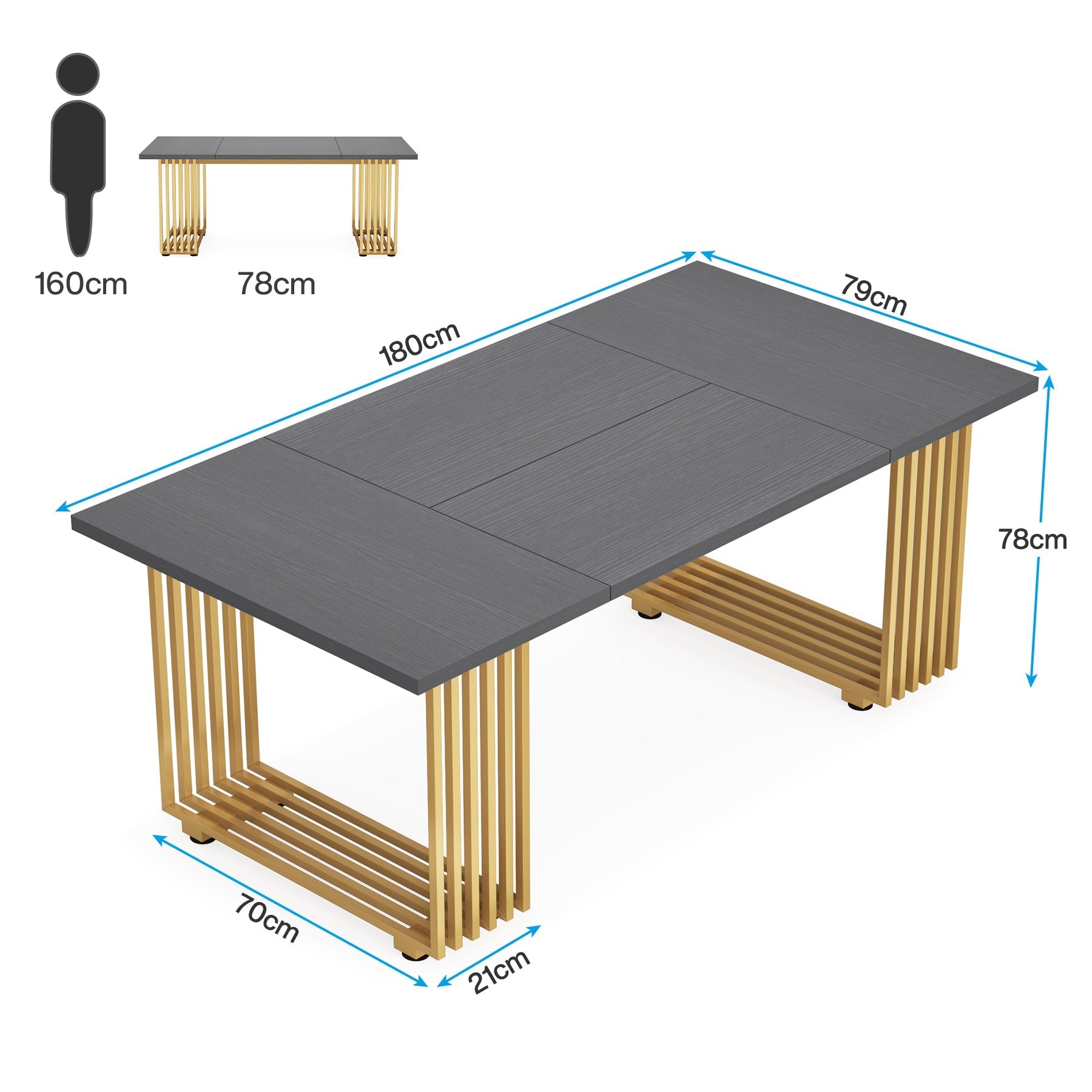 180 cm Eettafel voor Acht Personen, Moderne Witte Tafel met Gouden Accenten voor Eetkamer