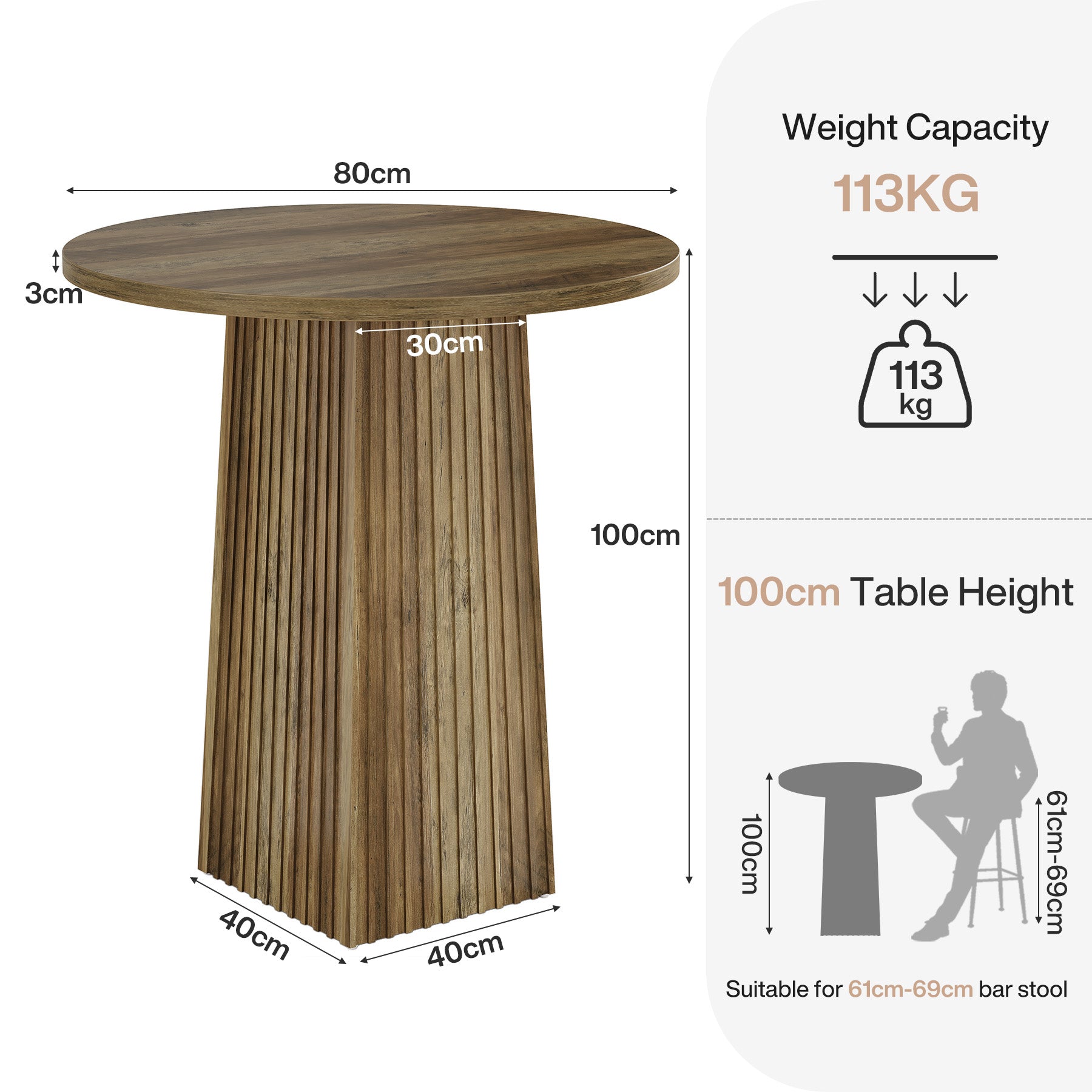 80 cm Tribesigns Ronde Eettafel, Houten Pedestal Tafel voor 2 Personen