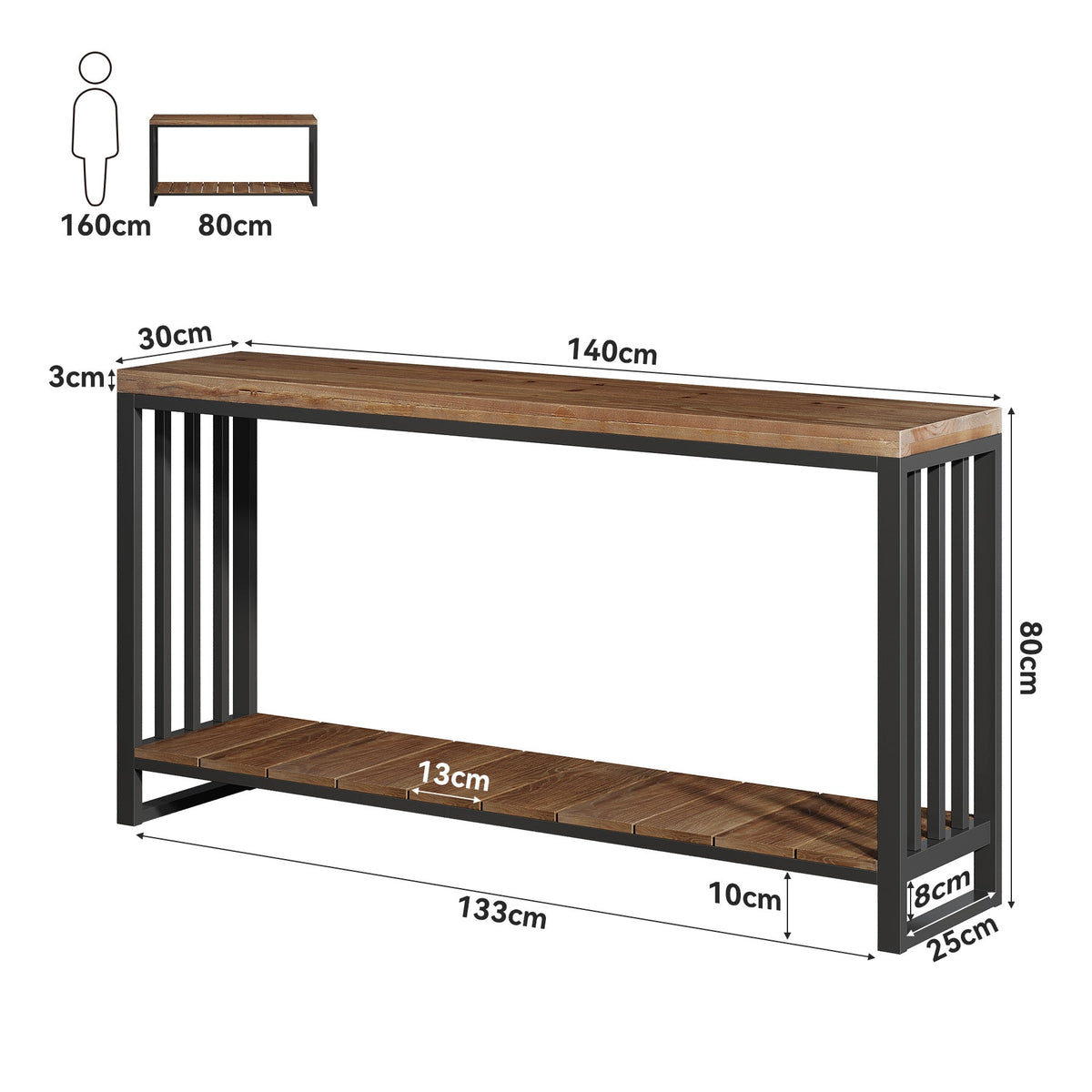 Tribesigns massief houten consolentafel 140 cm, smalle haltafel in landelijke stijl met legplank