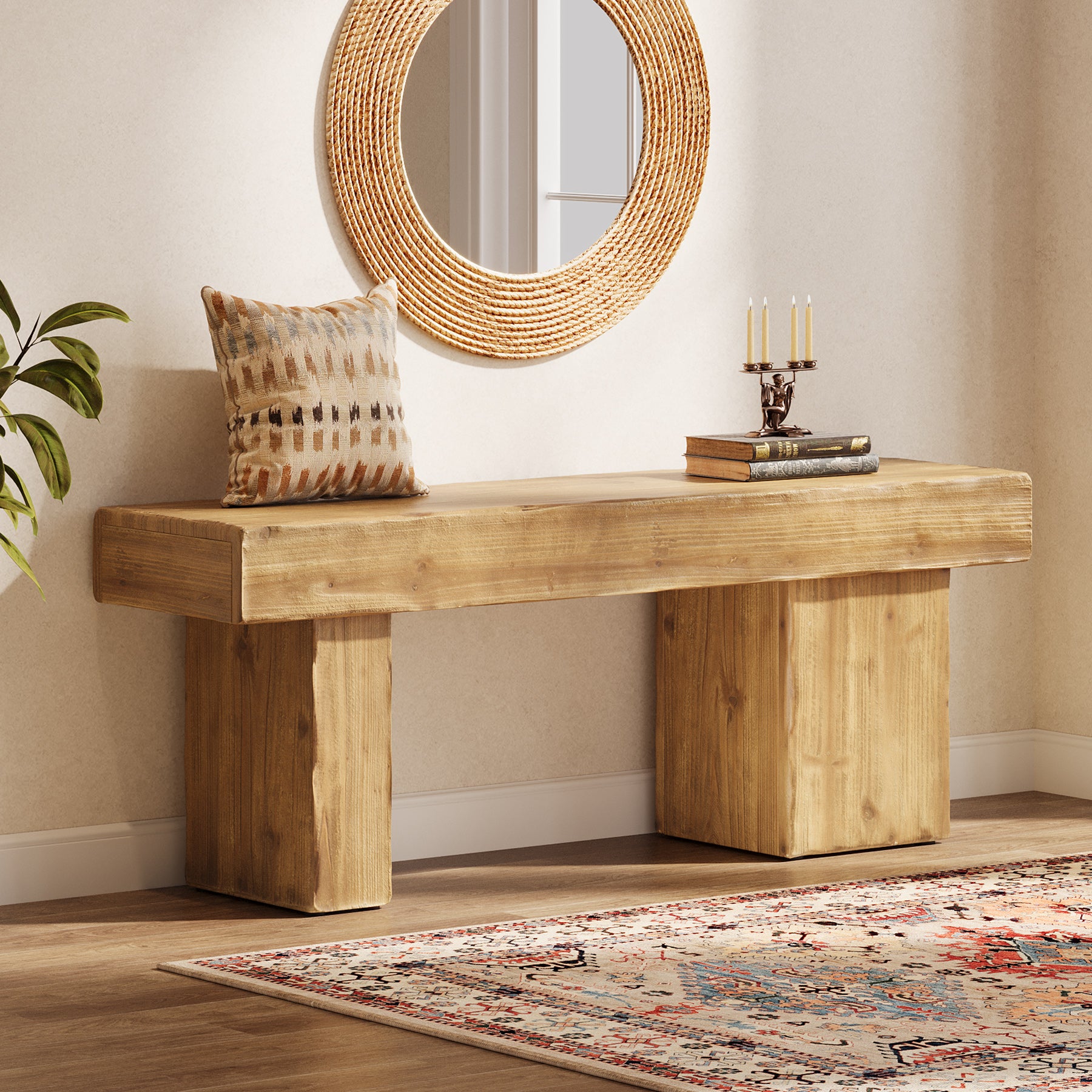 Tribesigns 119 cm massief houten halbank, farmhouse zitbank met dikke zitting