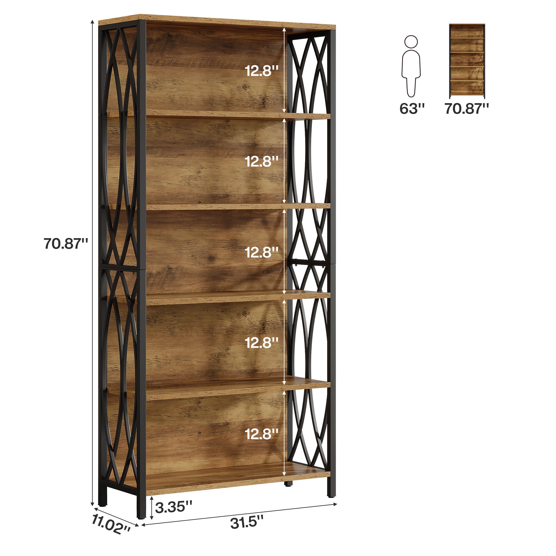 6-lags Boekenkast, 180 cm Industriële Boekenkast met Geometrisch Metalen Frame