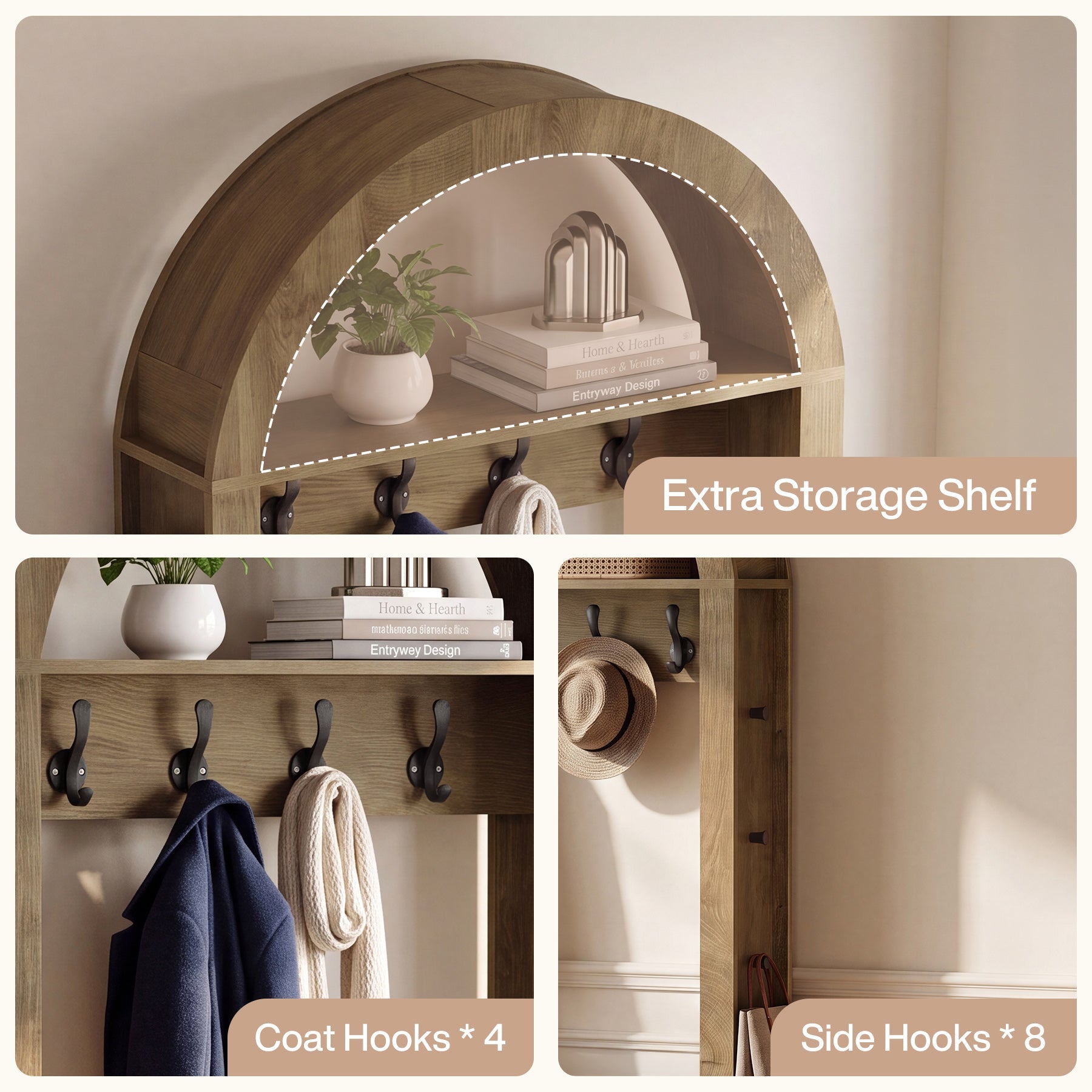 Tribesigns halgarderobe met zitbank en schoenenrek, 5-in-1 kapstok met 12 haken, wandplank en schoenenrek