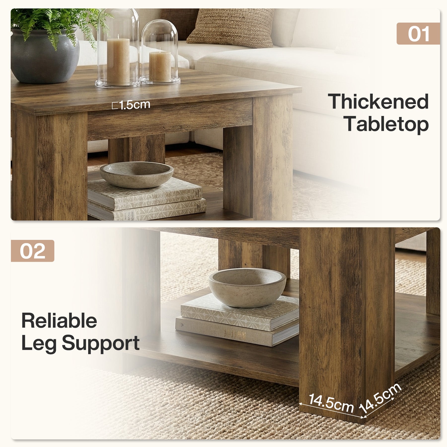 Tribesigns 80 cm Salontafel, Vierkante 2-Laags Tafel met Opbergrek voor Woonkamer