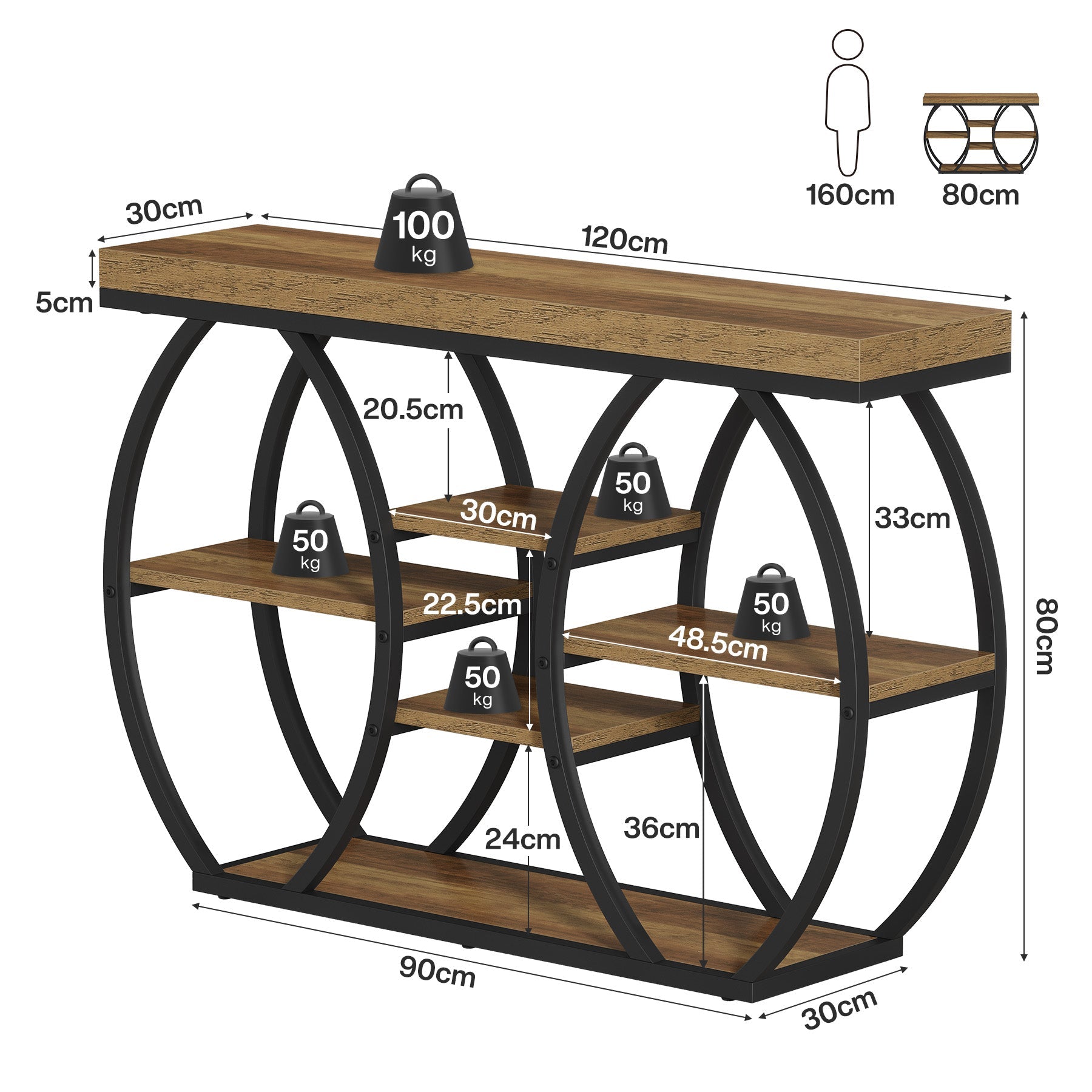Tribesigns Consoletafel 120 cm met 6 etages, smalle haltafel in landelijke stijl met stevig metalen frame