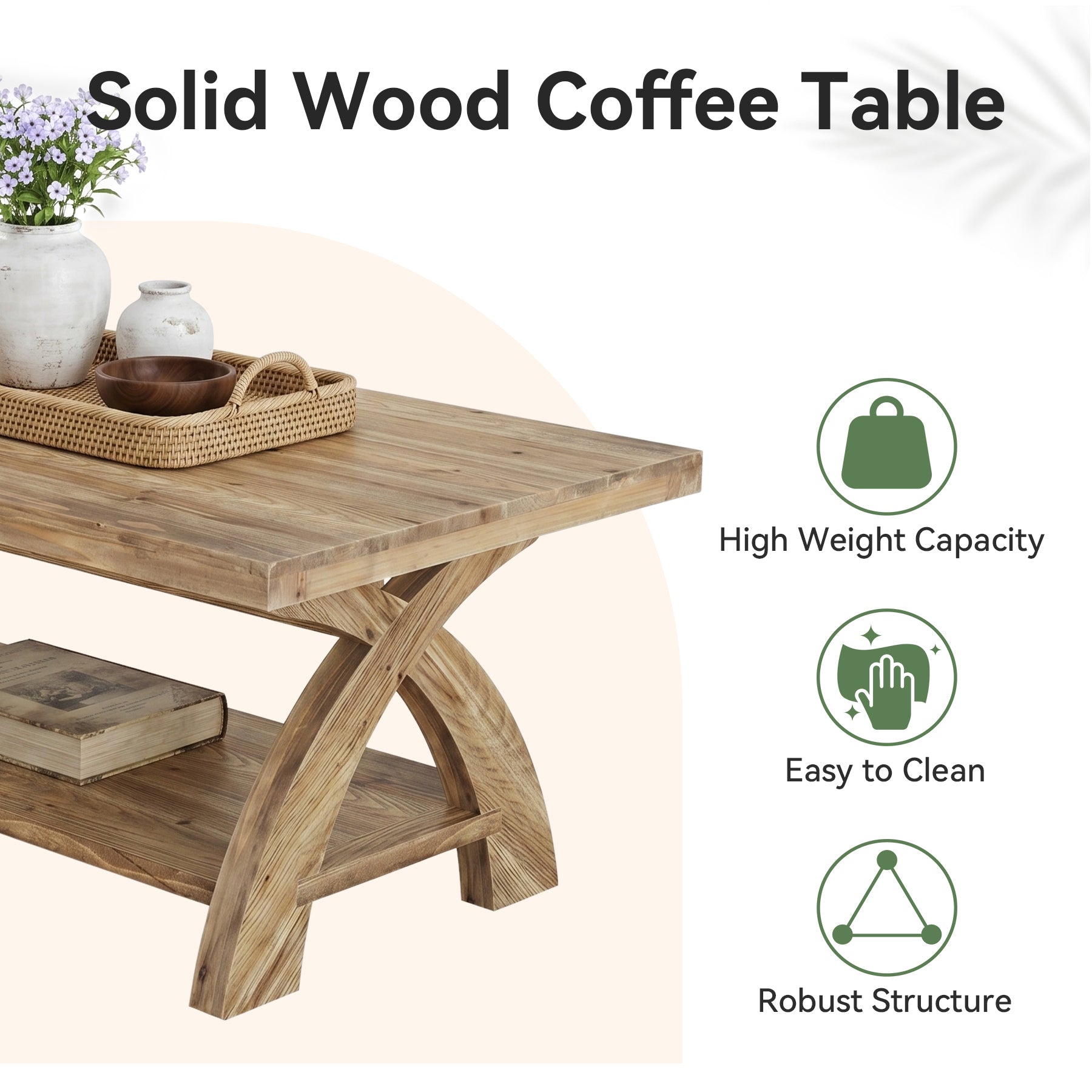 Tribesigns massief houten salontafel met opbergplank, landelijke middentafel voor woonkamer
