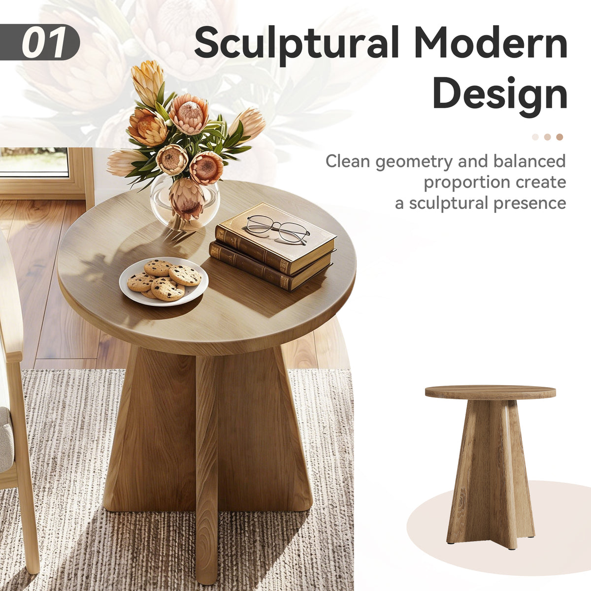 50 cm Tribesigns ronde bijzettafel met sculpturale kruispoot, moderne tafel in lichte houtlook voor woonkamer en slaapkamer