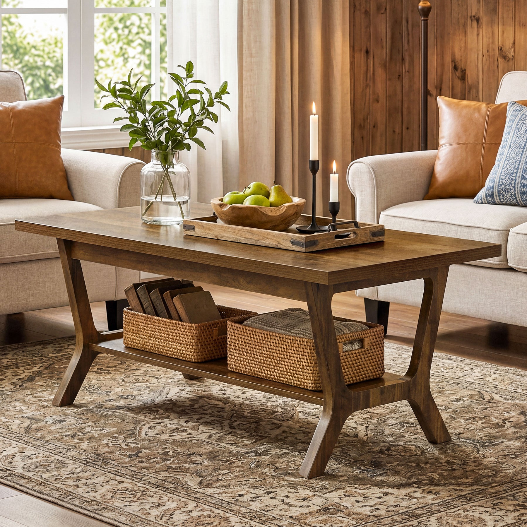120 cm Rechthoekige Salontafel met Opbergplank, Landelijke Houten Centertafel voor Woonkamer