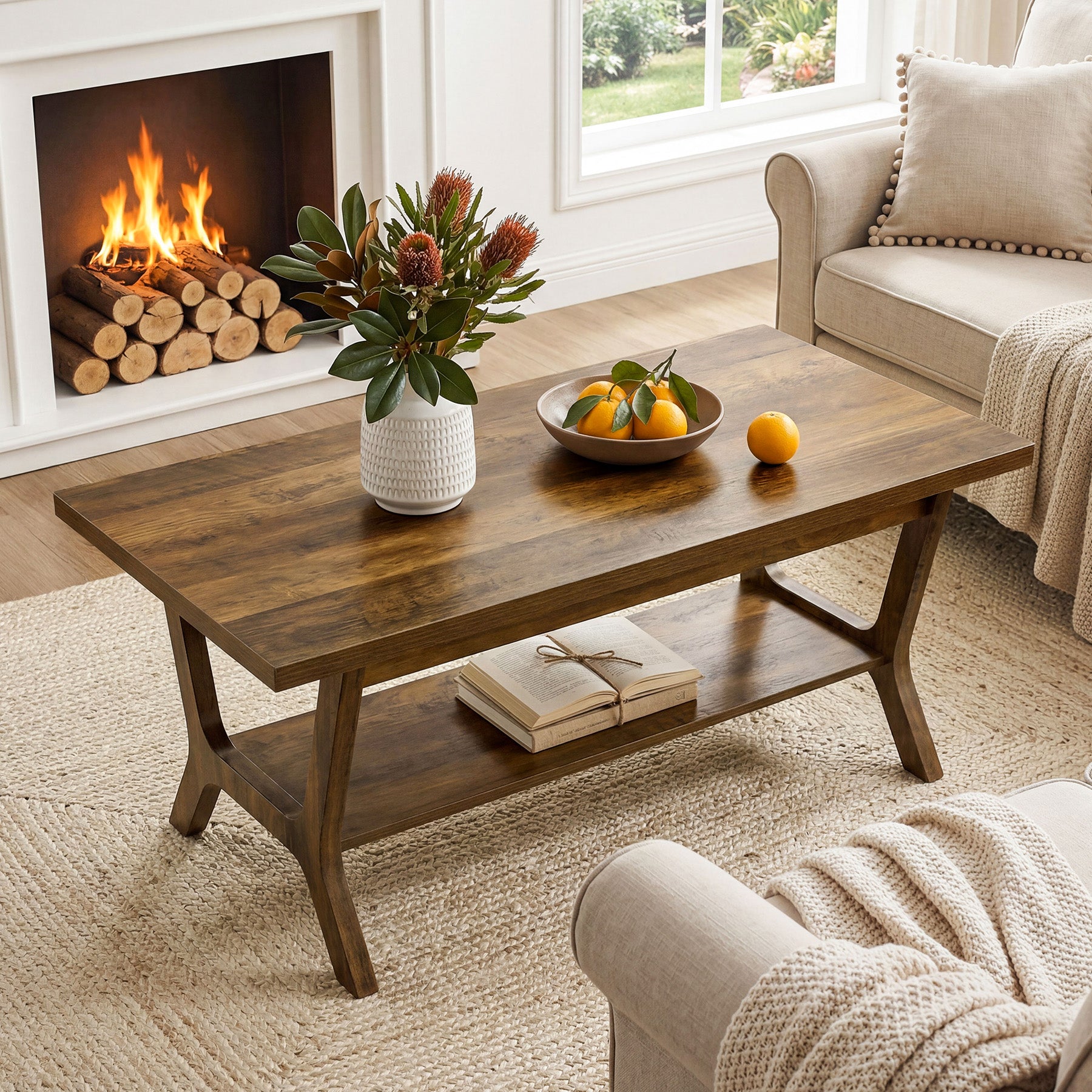 120 cm Rechthoekige Salontafel met Opbergplank, Landelijke Houten Centertafel voor Woonkamer