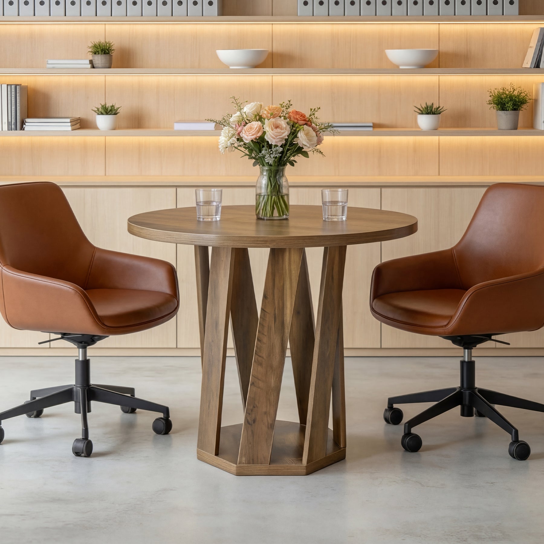 80 cm Ronde Vergadertafel Voor 2-4 Personen, Kleine Houten Kantoor Tafel in Rustic Bruin