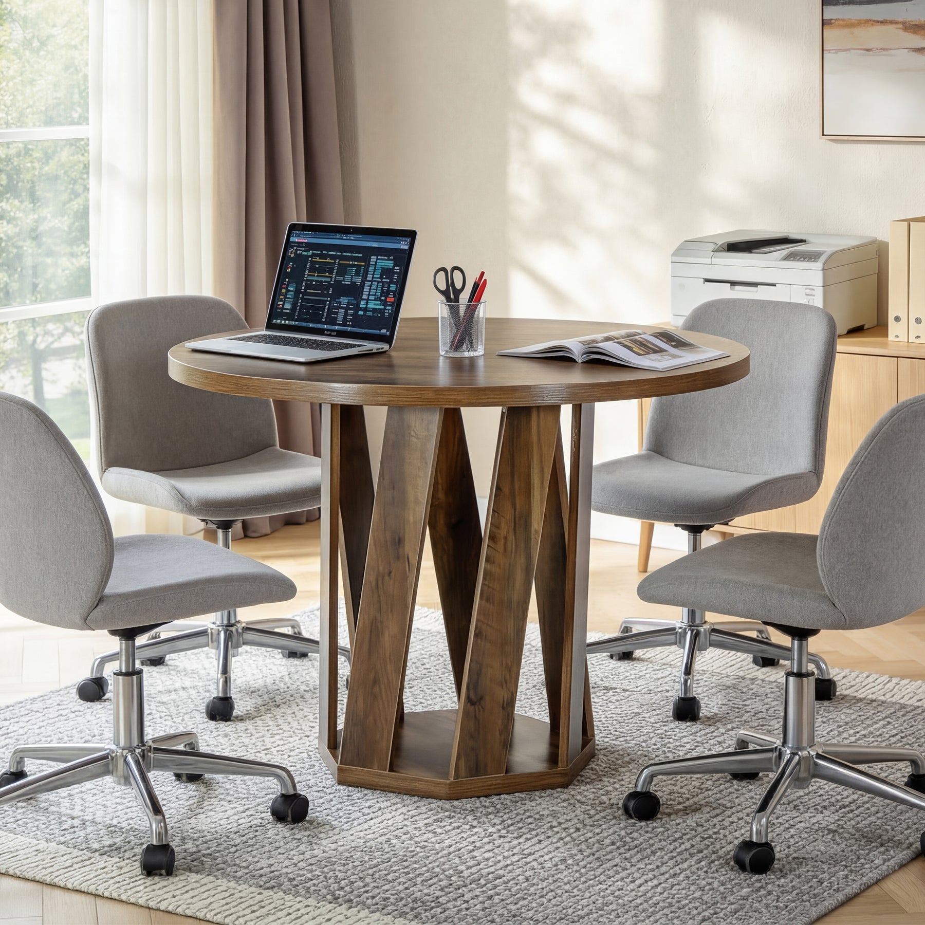 80 cm Ronde Vergadertafel Voor 2-4 Personen, Kleine Houten Kantoor Tafel in Rustic Bruin